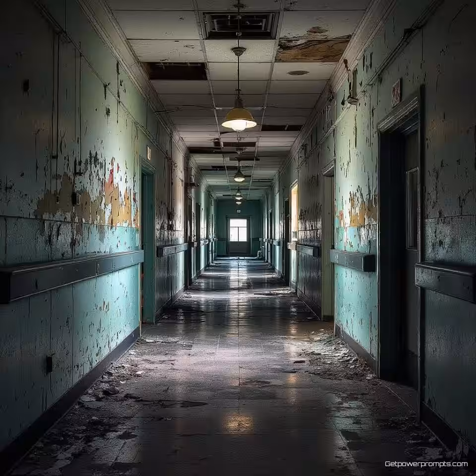 Verwaarloosde ziekenhuisgang, HDR-fotografie, industrieel verval omgeving, dramatische sfeer van stedelijk verval, dramatisch raamlicht verlichting, verbeterd dynamisch bereik, breedhoekperspectief perspectief, gedetailleerde verweerde texturen, professionele urban exploration fotografie, levendige vervalkleuren, scherpe structurele details, dramatische sfeer, atmosferische stofdeeltjes