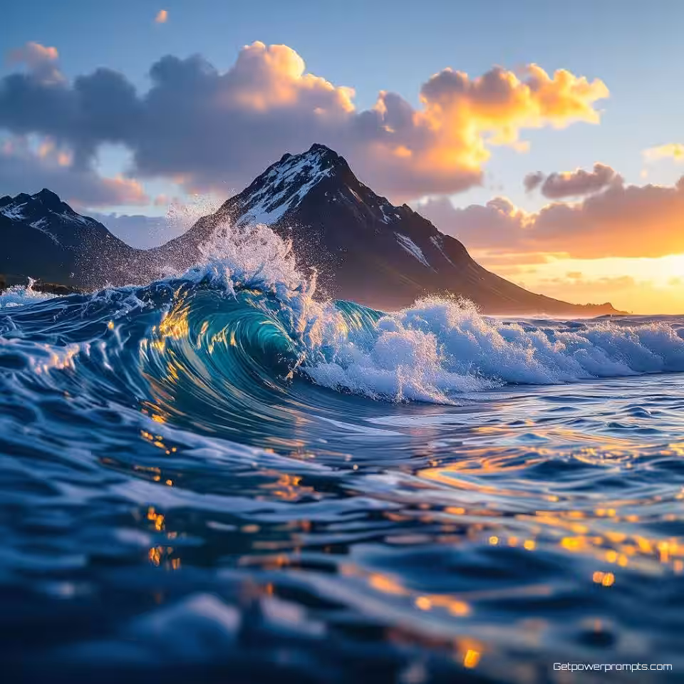 Brekende oceaangolven, HDR-fotografie, bergpiek reflecties reflecties, gouden uur belichting belichting, verbeterd dynamisch bereik, groothoek perspectief perspectief, gedetailleerde watertexturen, professionele natuurfotografie, levendige kleuren, scherpe details, dramatische sfeer