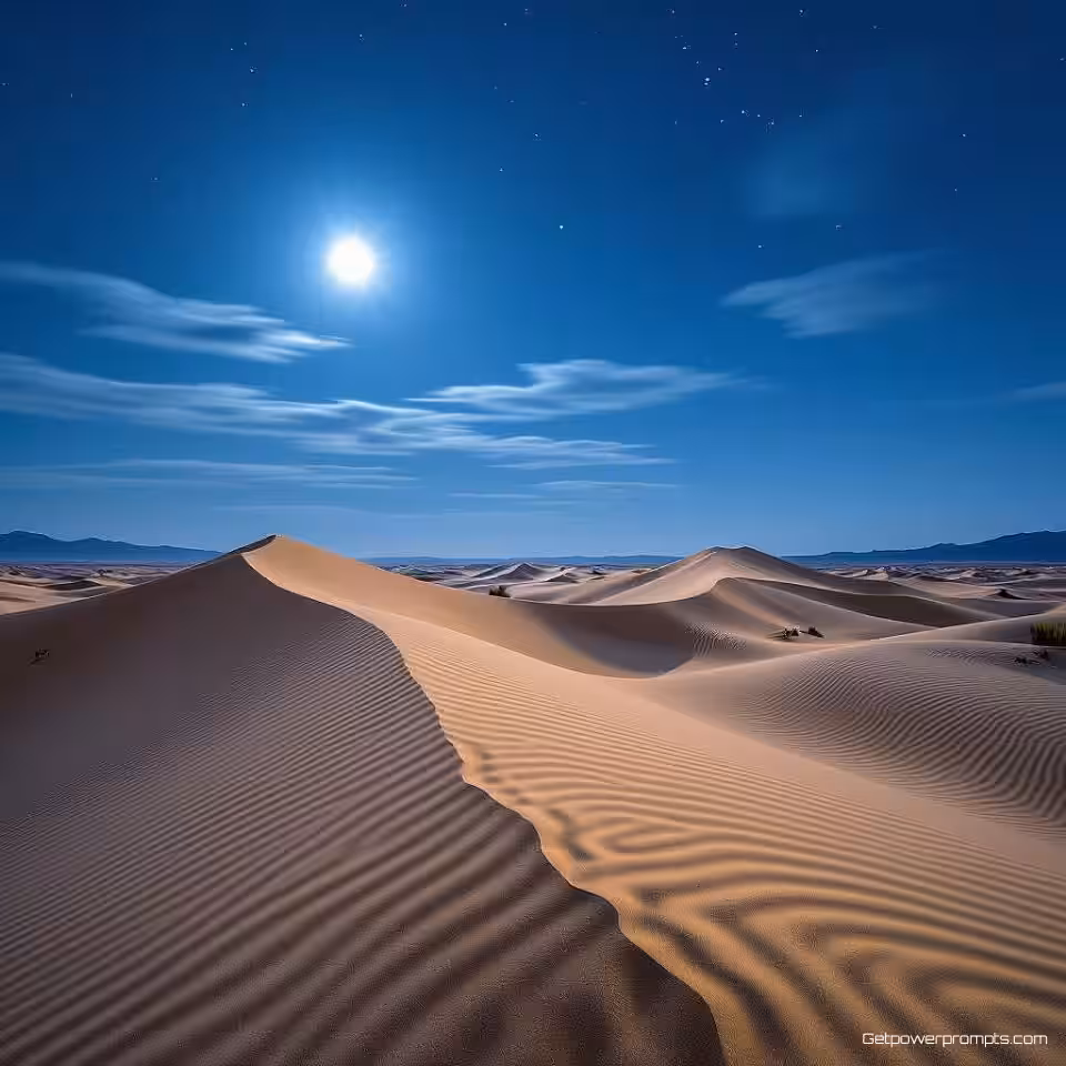 Zandduinen bij maanlicht, nachtlandschapsfotografie, breed panoramisch uitzicht perspectief, helder maanlicht verlichting, koele blauwe nachtkleuren, natuurlijke omgeving, sfeervol, lange belichtingstijd, gedetailleerde terreinkenmerken, dramatische nachtelijke hemel