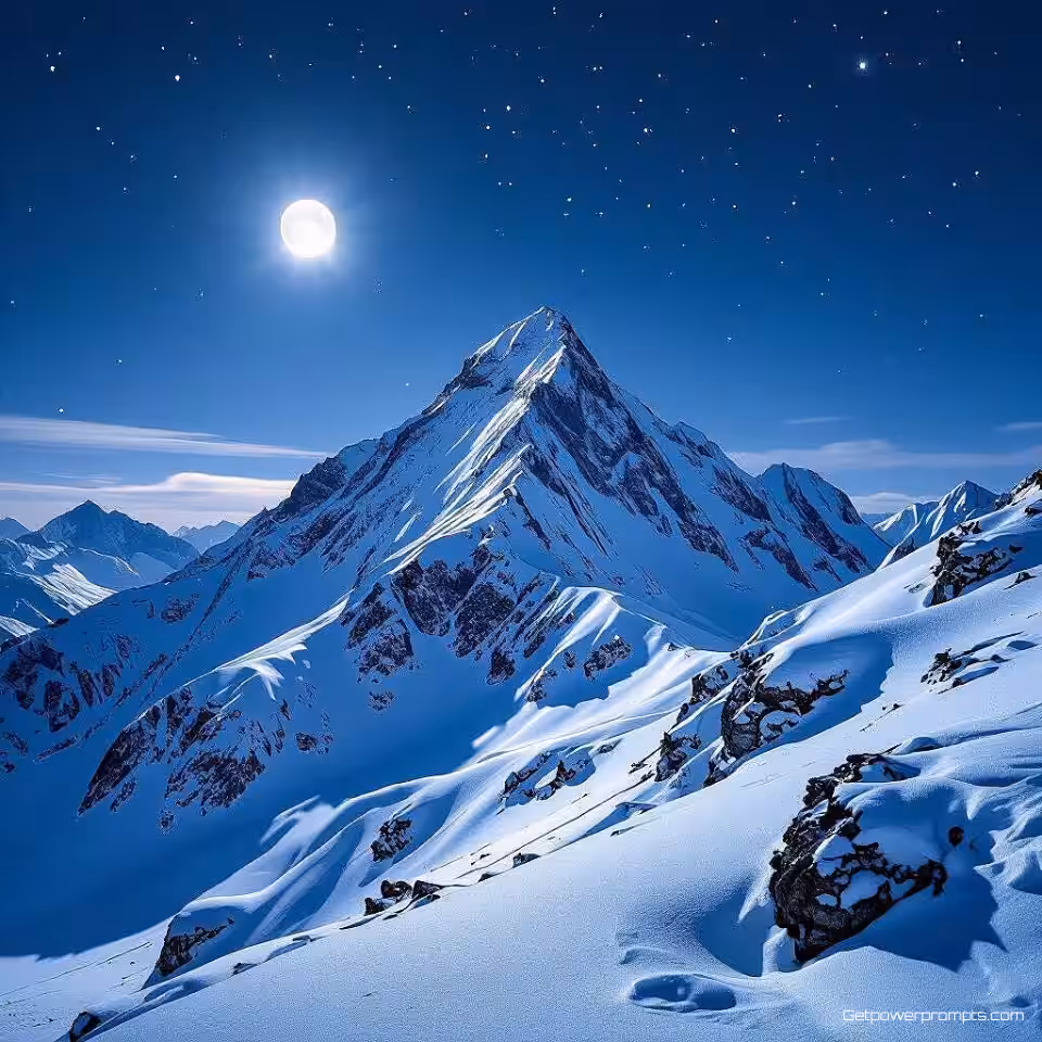 Met sneeuw bedekte bergtop, nachtlandschapsfotografie, breed panoramisch uitzicht perspectief, helder maanlicht verlichting, koele blauwe nachtkleuren, natuurlijke omgeving, sfeervol, lange belichtingstijd, gedetailleerde terreinkenmerken, dramatische nachtelijke hemel