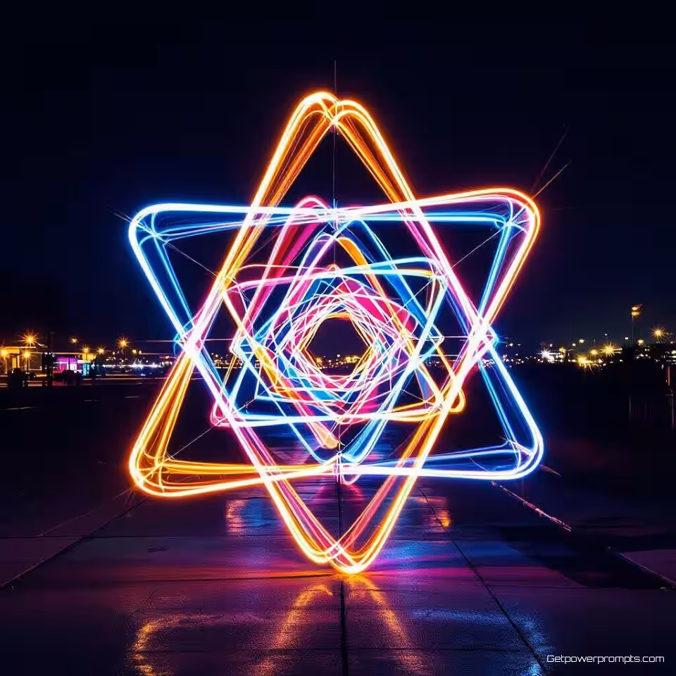 Geometrische lichtvormen, nachtfotografie, lichtschilderen techniek, groothoek perspectief, LED-verlichting belichting, levendige kleuren, dromerig atmosfeer, lange belichting, atmosferisch, gedetailleerde lichtsporen, creatieve lichtpatronen, professionele lichtkunst fotografie