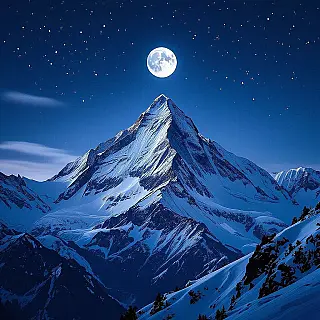 Met sneeuw bedekte bergtop, nachtfotografie van bergen, brede landschapscompositie perspectief, maanlicht verlichting verlichting, koele nachtelijke kleuren, dramatische en epische sfeer atmosfeer, atmosferisch berglandschap, gedetailleerde terreinkenmerken, lange belichtingstijd, dramatische nachtelijke hemel, professionele landschapsfotografie