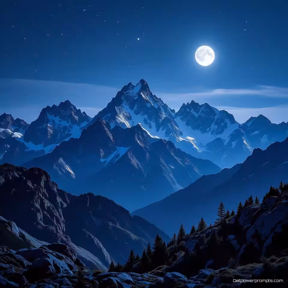 Ruige bergketen, nachtfotografie van bergen, brede landschapscompositie perspectief, maanlicht verlichting verlichting, koele nachtelijke kleuren, dramatische en epische sfeer atmosfeer, atmosferisch berglandschap, gedetailleerde terreinkenmerken, lange belichtingstijd, dramatische nachtelijke hemel, professionele landschapsfotografie