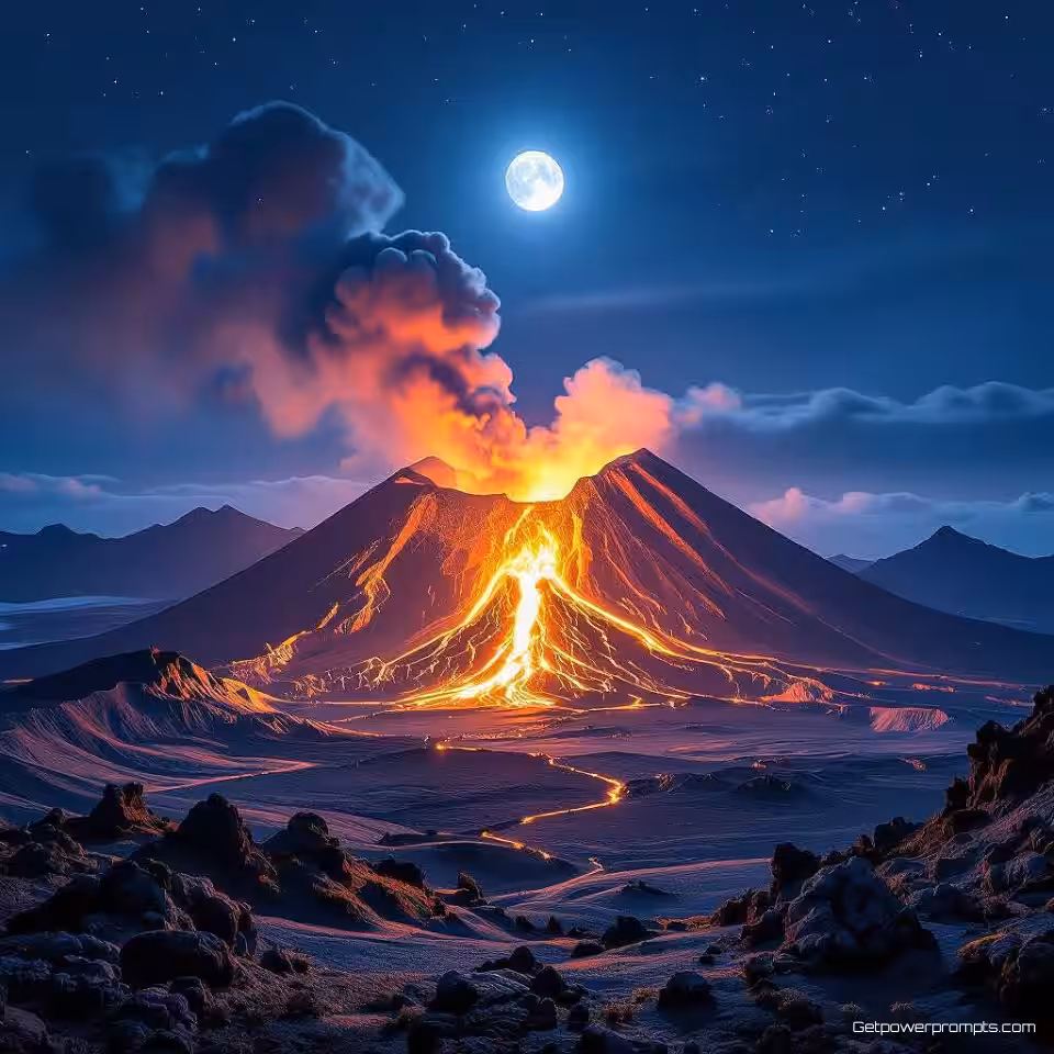 Vulkanische berg met krater, nachtfotografie van bergen, brede landschapscompositie perspectief, maanlicht verlichting verlichting, koele nachtelijke kleuren, dramatische en epische sfeer atmosfeer, atmosferisch berglandschap, gedetailleerde terreinkenmerken, lange belichtingstijd, dramatische nachtelijke hemel, professionele landschapsfotografie