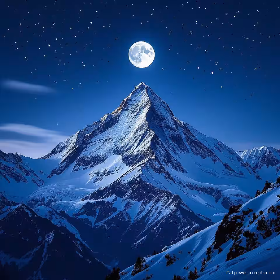 Met sneeuw bedekte bergtop, nachtfotografie van bergen, brede landschapscompositie perspectief, maanlicht verlichting verlichting, koele nachtelijke kleuren, dramatische en epische sfeer atmosfeer, atmosferisch berglandschap, gedetailleerde terreinkenmerken, lange belichtingstijd, dramatische nachtelijke hemel, professionele landschapsfotografie