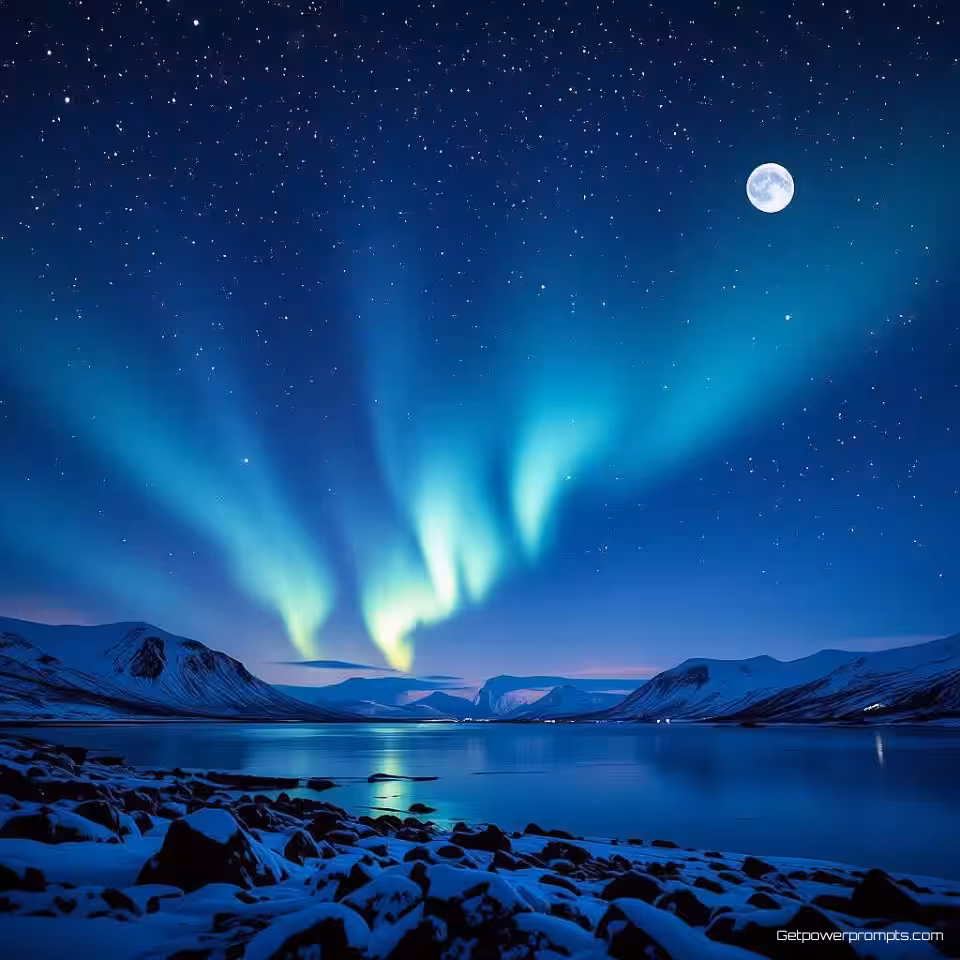Noorderlicht, nachtfotografie, groothoek landschap perspectief, maanverlicht verlichting, diepe blauwe tonen, sterrenhemel achtergrond, lange belichting, atmosferisch, gedetailleerde hemellichamen