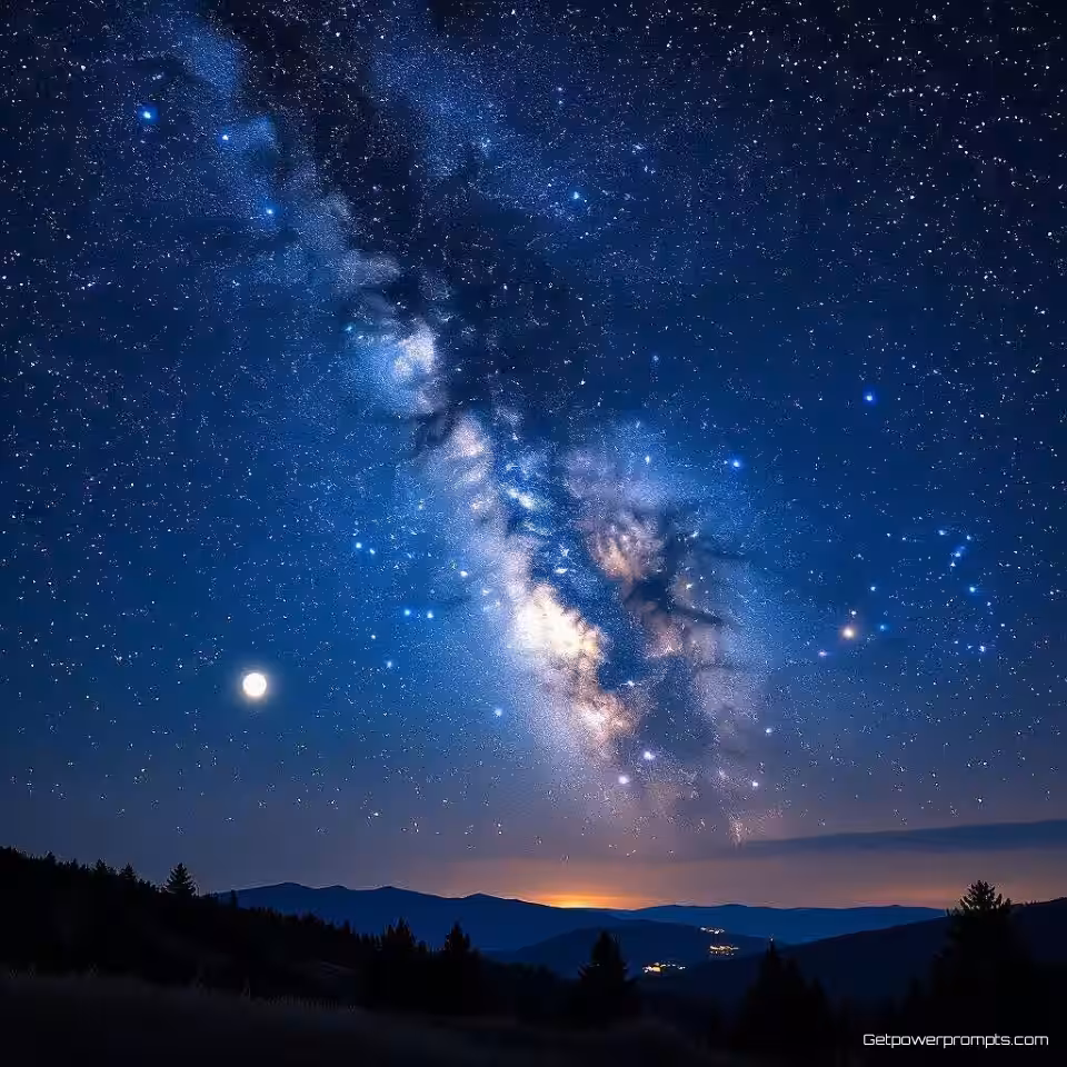 Melkwegstelsel, nachtfotografie, groothoek landschap perspectief, maanverlicht verlichting, diepe blauwe tonen, sterrenhemel achtergrond, lange belichting, atmosferisch, gedetailleerde hemellichamen