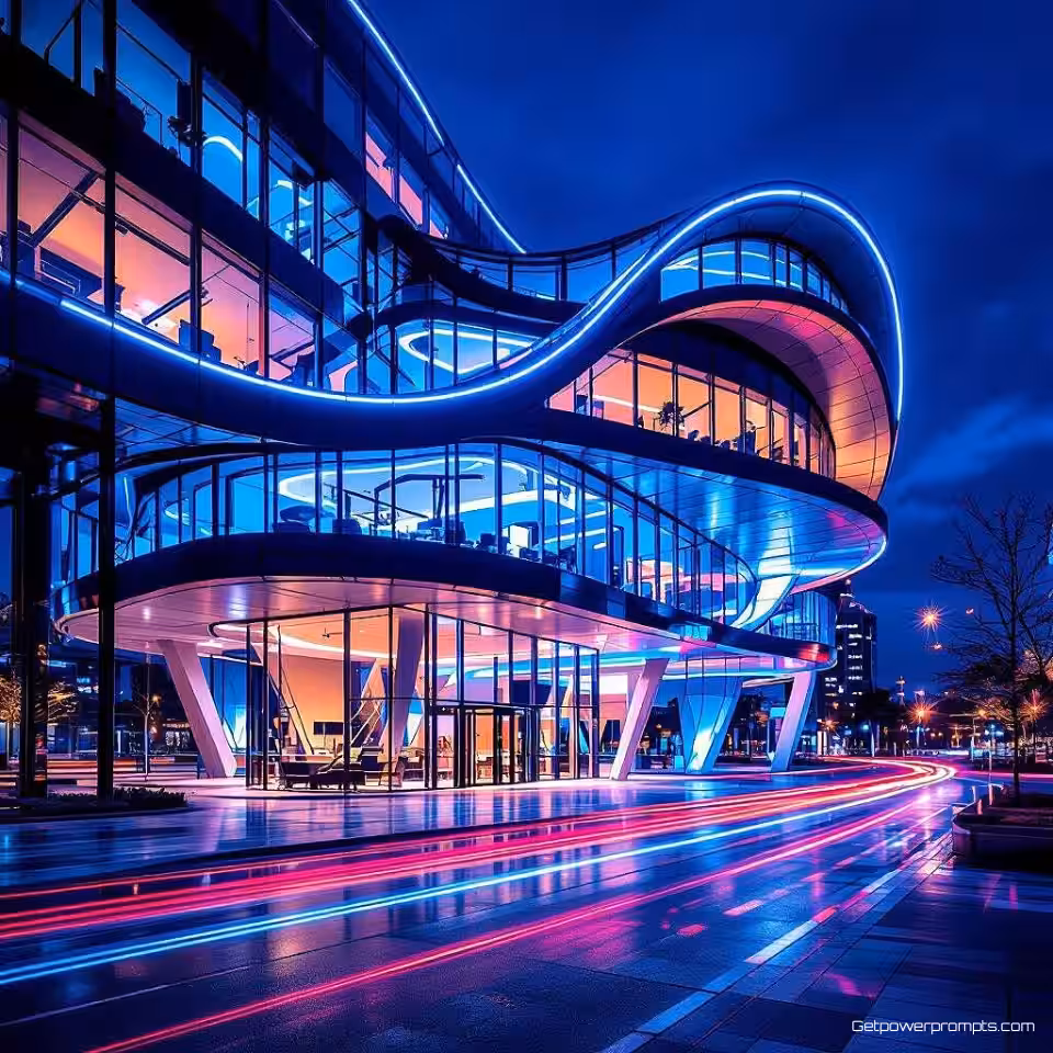 Moderne architectuur, nachtfotografie, groothoek perspectief, neonverlichting verlichting, koele blauwe tonen, stedelijke omgeving, stadslichten, sfeervol, gedetailleerde architectuur, lange belichting