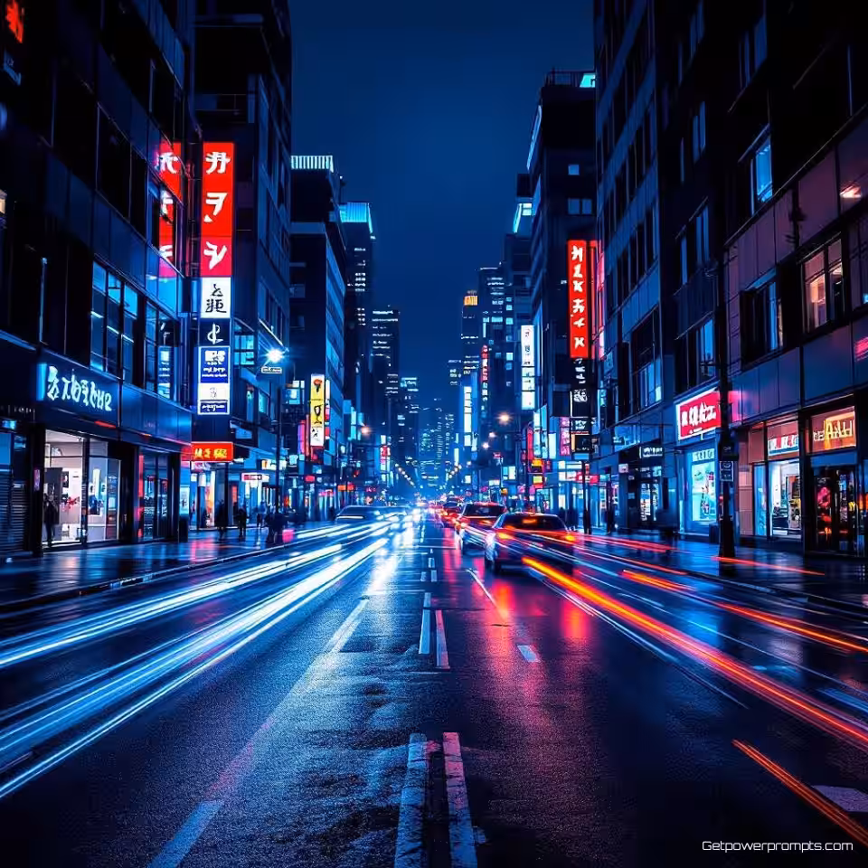 Stedelijke straat, nachtfotografie, groothoek perspectief, neonverlichting verlichting, koele blauwe tonen, stedelijke omgeving, stadslichten, sfeervol, gedetailleerde architectuur, lange belichting