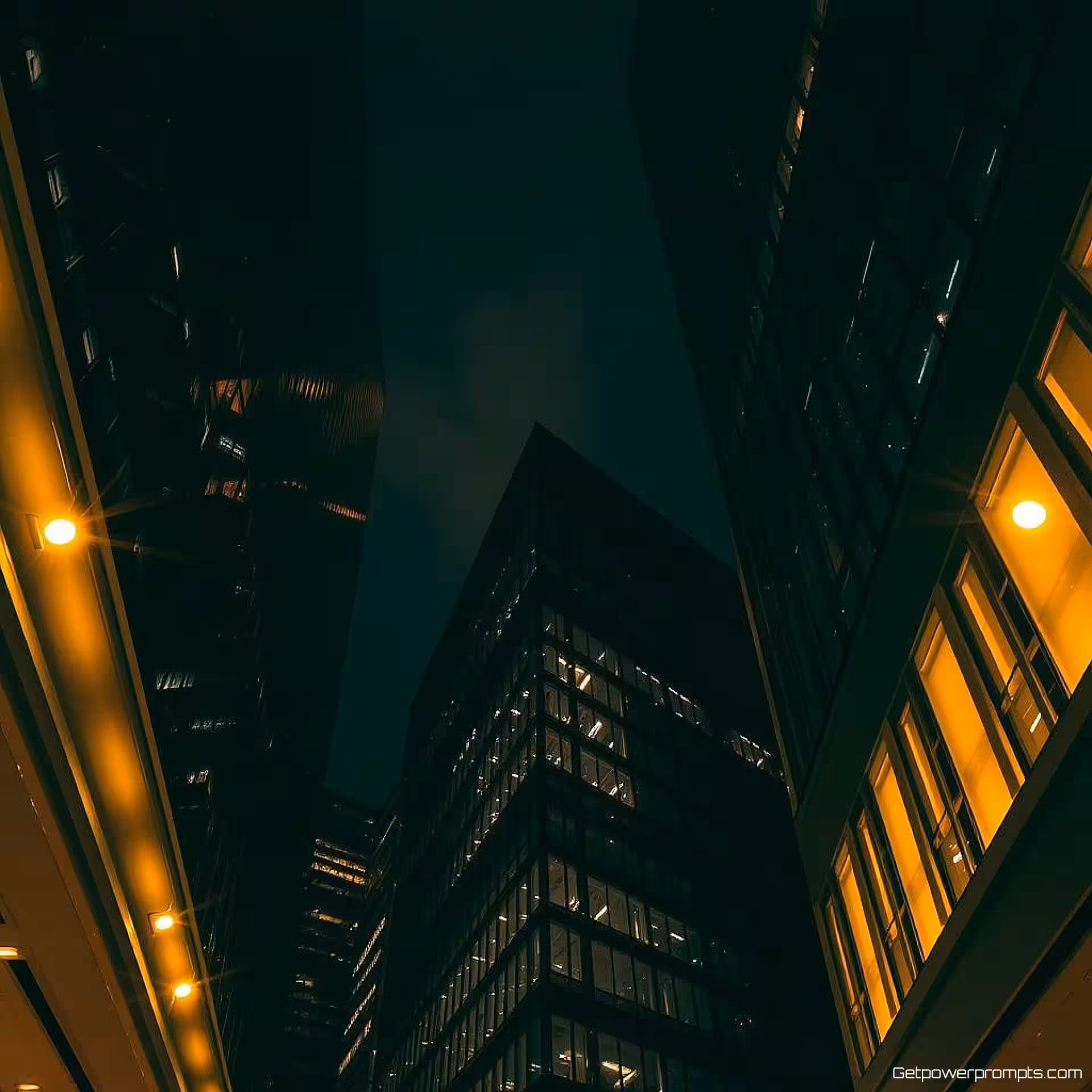 Modern architecture, night photography, eye-level perspective, ambient city glow lighting, warm amber lights, urban environment, city lights, atmospheric, detailed architecture, long exposure