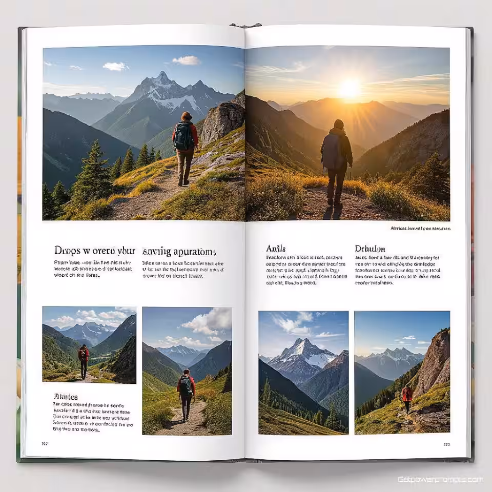 Avontuurlijk Reisboek, creatieve albumlayout, minimalistisch stijl, dubbele pagina spread perspectief, natuurlijk daglicht belichting, artistiek sfeer, artistieke rangschikking, visuele verhaalvertelling, professioneel fotoboek, dynamische pagina-ontwerp, redactionele esthetiek