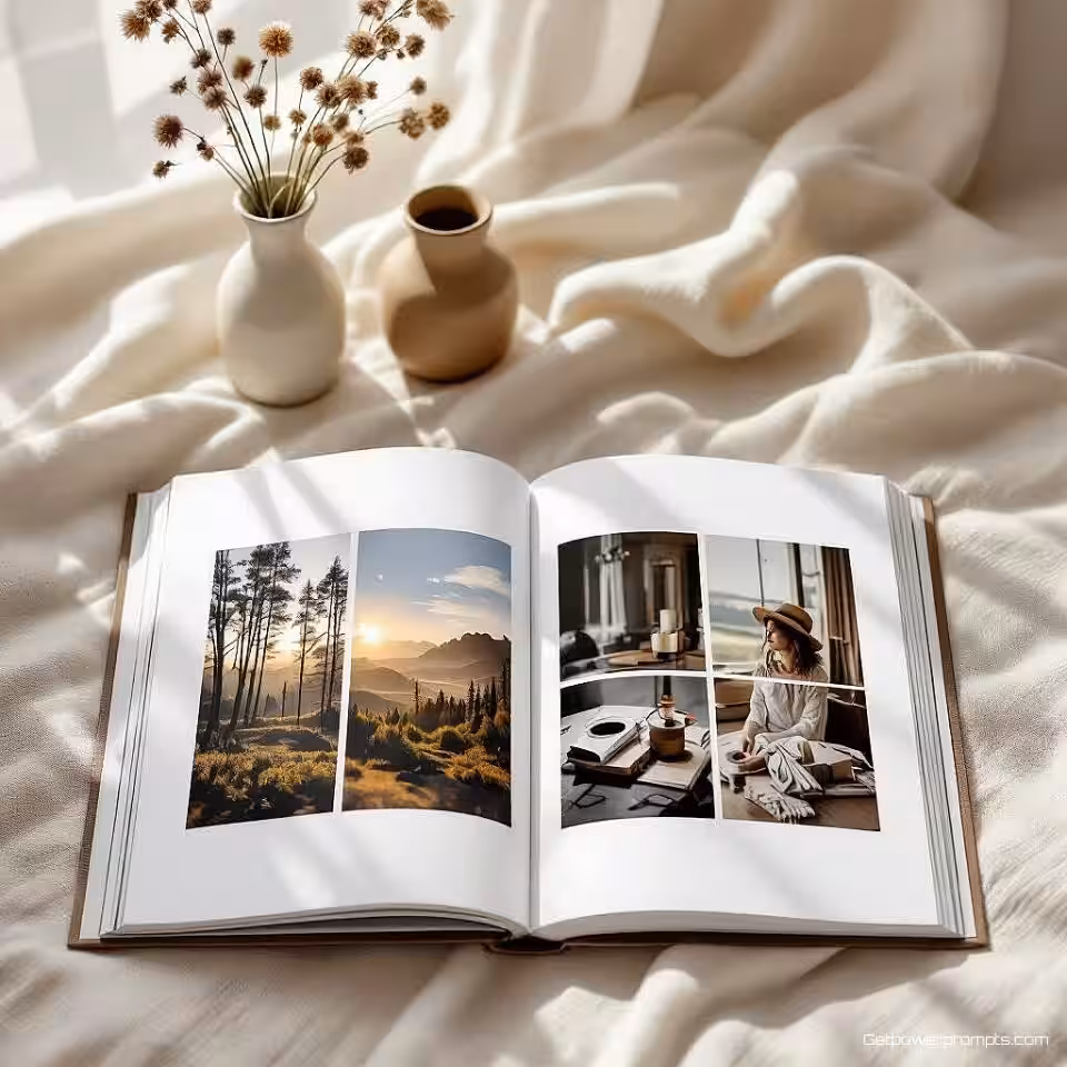 Kunstfotografie Portfolio, creatieve albumlayout, minimalistisch stijl, dubbele pagina spread perspectief, natuurlijk daglicht belichting, artistiek sfeer, artistieke rangschikking, visuele verhaalvertelling, professioneel fotoboek, dynamische pagina-ontwerp, redactionele esthetiek