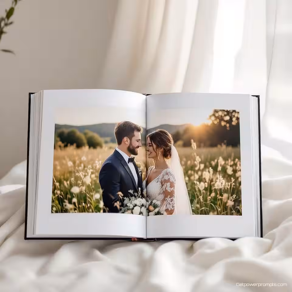 Trouwherinneringen Album, creatieve albumlayout, minimalistisch stijl, dubbele pagina spread perspectief, natuurlijk daglicht belichting, artistiek sfeer, artistieke rangschikking, visuele verhaalvertelling, professioneel fotoboek, dynamische pagina-ontwerp, redactionele esthetiek