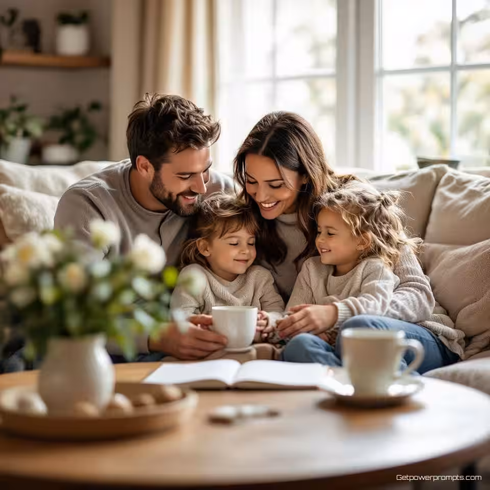 Familie herinneringenboek, levensstijl fotografie, gezellig sfeer, salontafel achtergrond, zacht natuurlijk licht verlichting, zachte focus, spontaan moment, authentiek verhaal, ondiepe scherptediepte