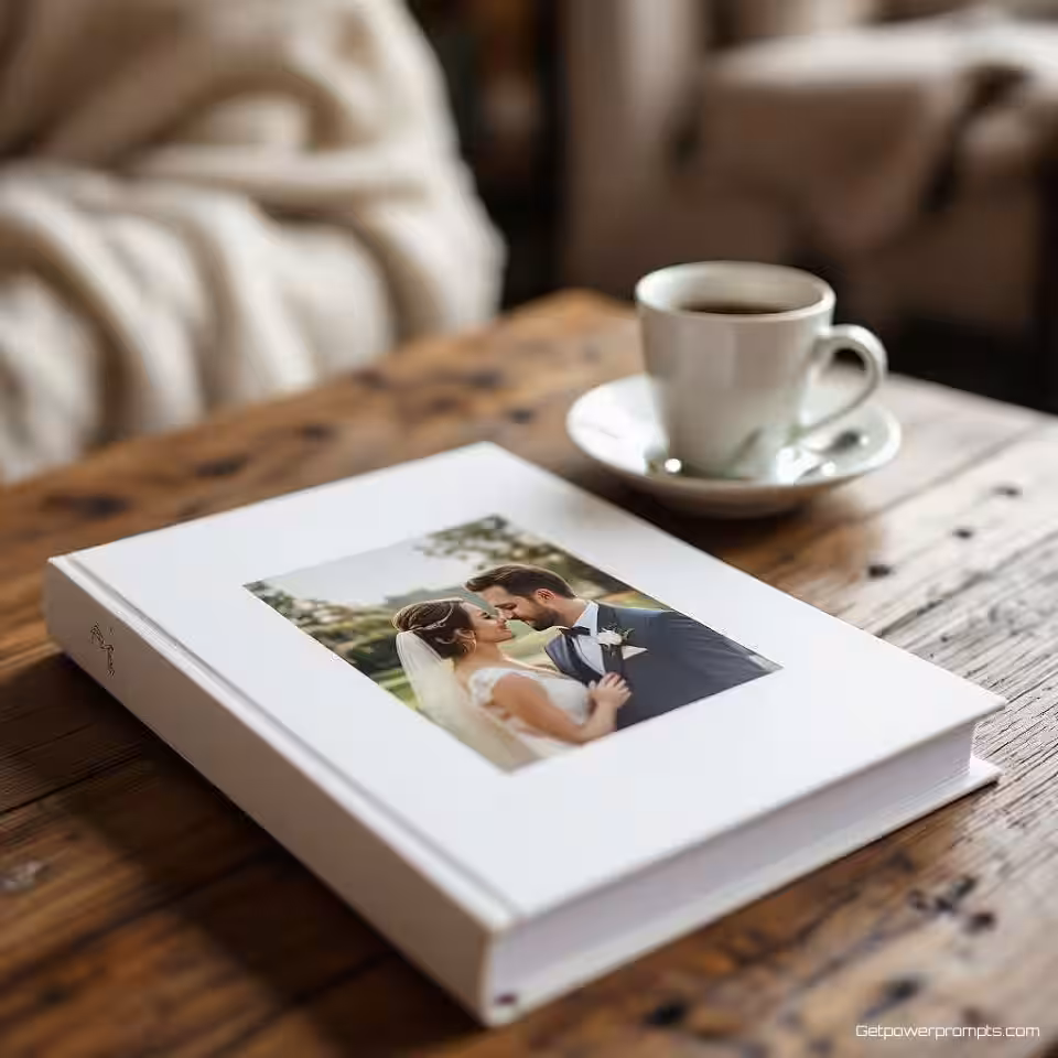 Trouw fotoalbum, levensstijl fotografie, gezellig sfeer, salontafel achtergrond, zacht natuurlijk licht verlichting, zachte focus, spontaan moment, authentiek verhaal, ondiepe scherptediepte