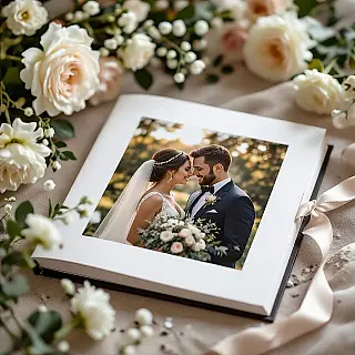 Trouwfotografie Album, flat lay fotografie, fotorealistisch stijl, verspreide opstelling arrangement, natuurlijk licht belichting, effen achtergrond achtergrond, rustige sfeer sfeer, creatieve opstelling, professioneel fotoboek, artistieke rangschikking, ondiepe scherptediepte, gedetailleerde texturen