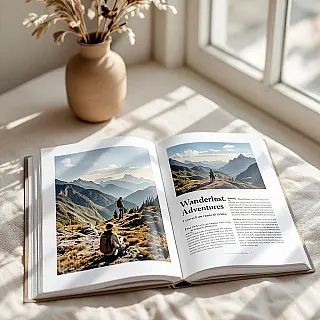 Wanderlust Avonturen, minimalistisch interieur spread, rooster lay-out opstelling, zacht daglicht verlichting, rustig sfeer, professioneel fotoboek, redactioneel ontwerp, pagina-indeling, visuele verhaalvertelling, gedetailleerde typografie, papiertextuur, artistieke compositie, boek spread fotografie