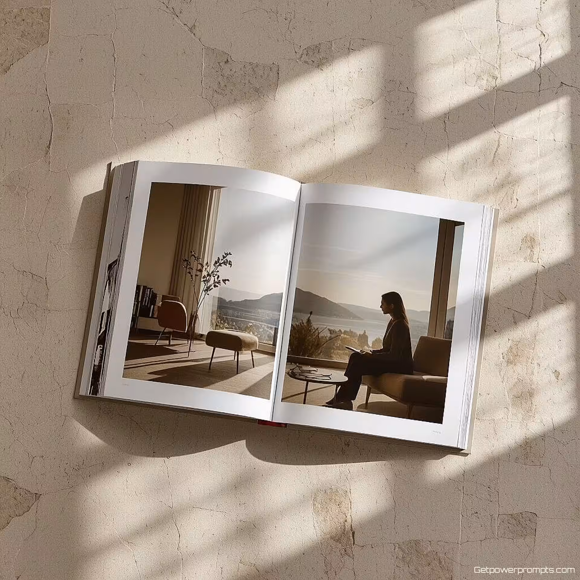 Eeuwige Momenten, minimalistisch interieur spread, rooster lay-out opstelling, zacht daglicht verlichting, rustig sfeer, professioneel fotoboek, redactioneel ontwerp, pagina-indeling, visuele verhaalvertelling, gedetailleerde typografie, papiertextuur, artistieke compositie, boek spread fotografie