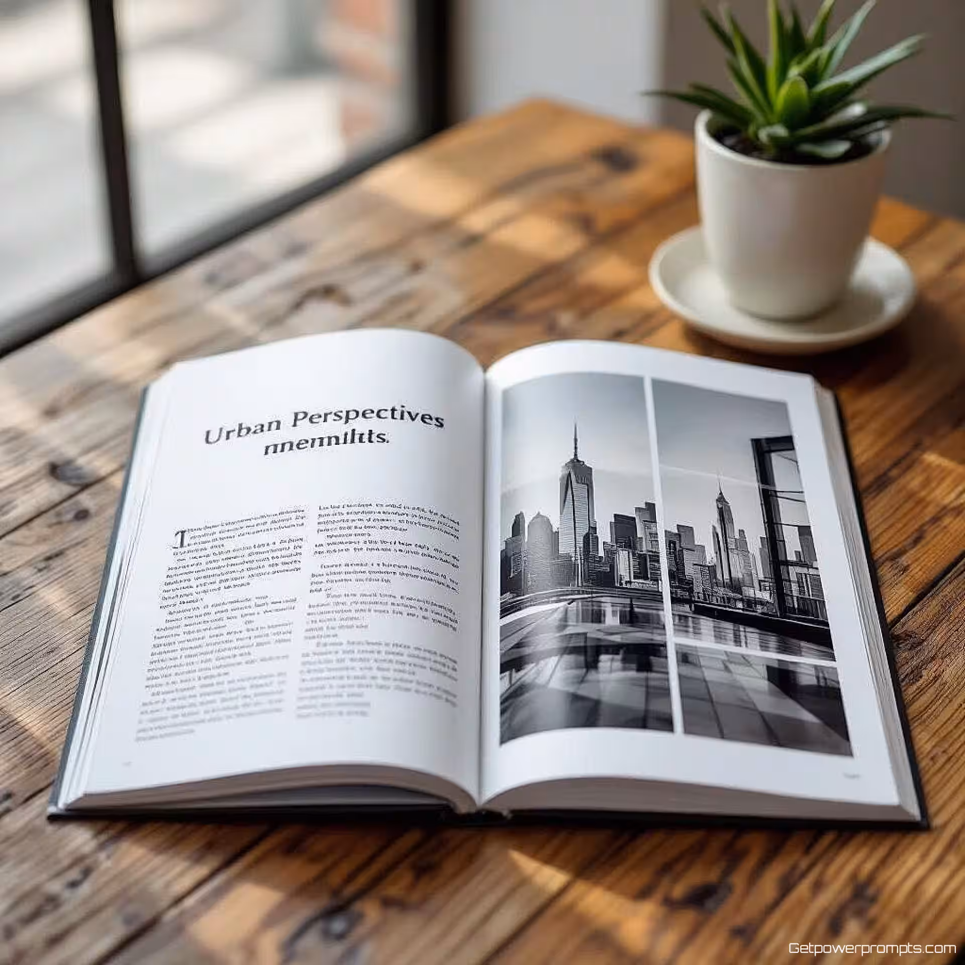 Urbane Perspectieven, minimalistisch interieur spread, rooster lay-out opstelling, zacht daglicht verlichting, rustig sfeer, professioneel fotoboek, redactioneel ontwerp, pagina-indeling, visuele verhaalvertelling, gedetailleerde typografie, papiertextuur, artistieke compositie, boek spread fotografie