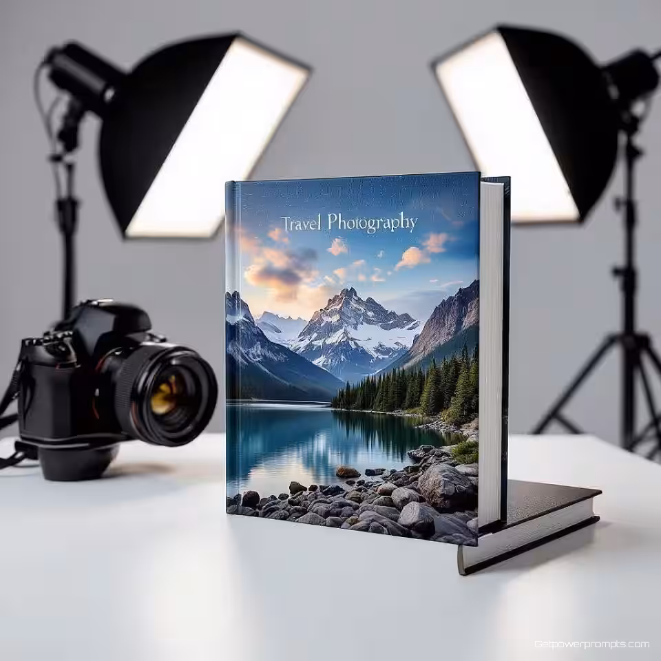 Reis fotoboek, professionele boek mockup, fotorealistisch stijl, close-up perspectief perspectief, studio belichting belichting, effen achtergrond achtergrond, realistische presentatie, gedetailleerde omslagtextuur, professioneel fotoboek, commerciële kwaliteit, scherpe focus, studio-esthetiek