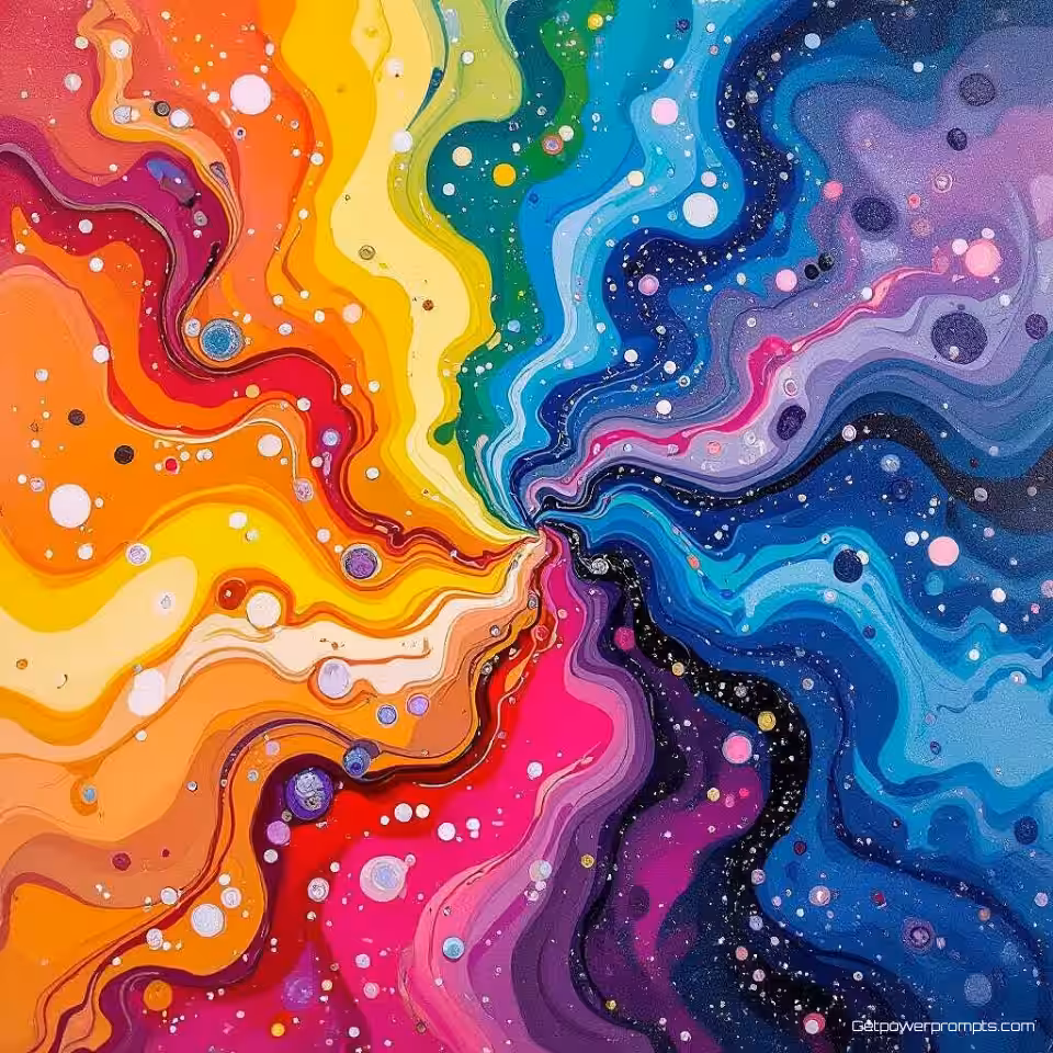 Kosmische nevelformatie, acryl giettechniek vloeibare kunst, levendige regenboogkleuren kleurenschema, close-up detailweergave perspectief, dramatische lichteffecten verlichting, abstracte wanddecoratie, galerij-kwaliteit prent, hedendaagse kunst, vloeistofdynamica, organische vormen, artistieke expressie, decoratieve wandkunst, modern interieurontwerp element