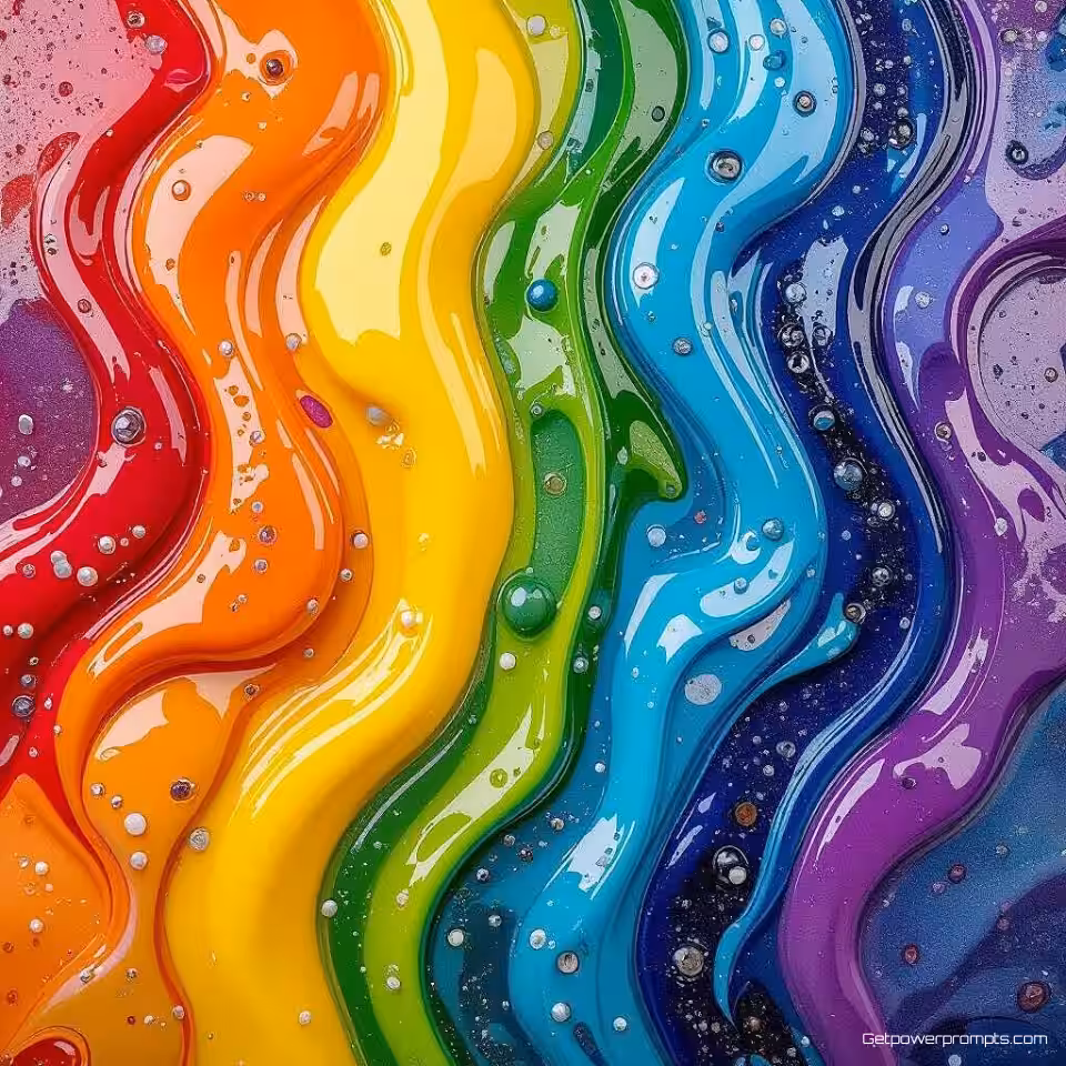 Vloeiende kleurstromen, acryl giettechniek vloeibare kunst, levendige regenboogkleuren kleurenschema, close-up detailweergave perspectief, dramatische lichteffecten verlichting, abstracte wanddecoratie, galerij-kwaliteit prent, hedendaagse kunst, vloeistofdynamica, organische vormen, artistieke expressie, decoratieve wandkunst, modern interieurontwerp element