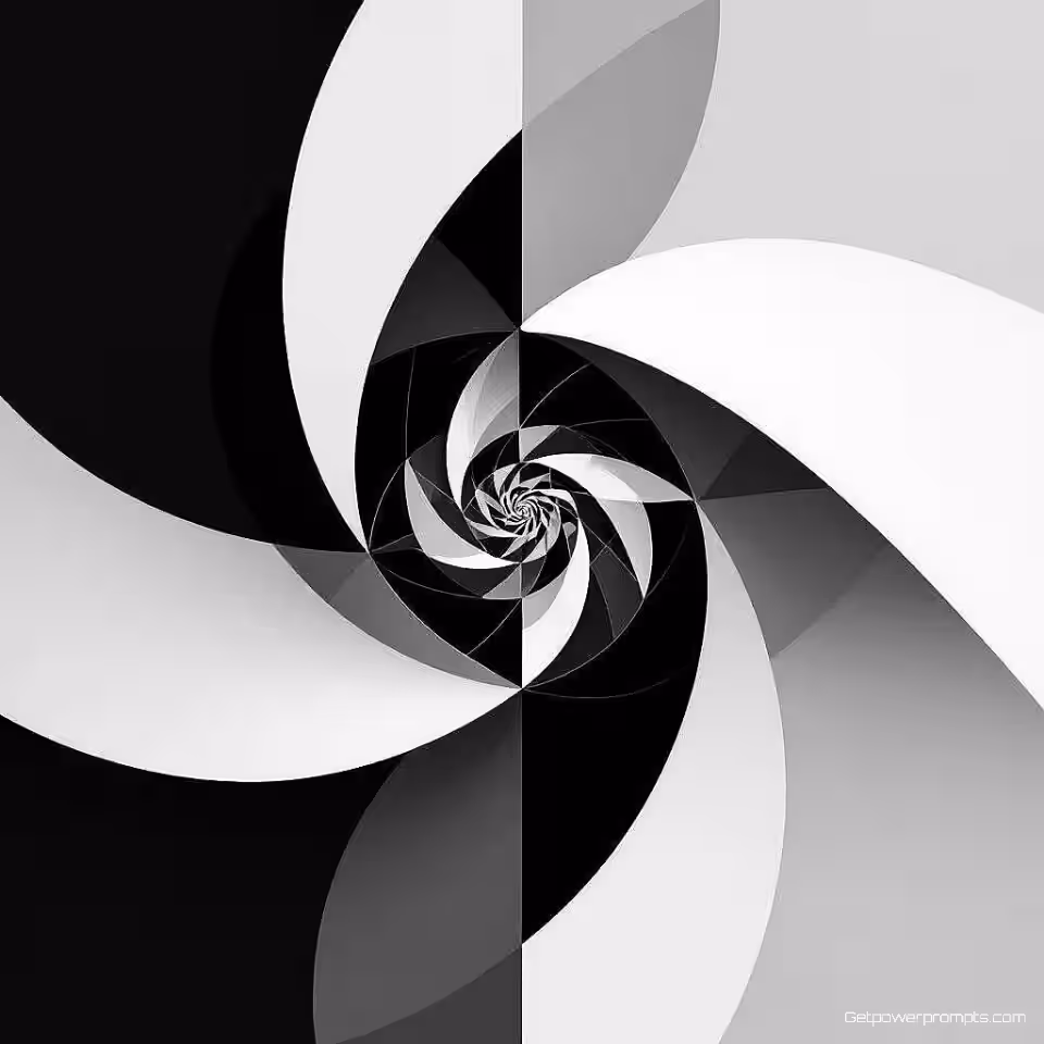 Gulden snede spiraal, minimalistisch geometrische kunst, zwart en wit kleurenschema, gecentreerde compositie perspectief, zacht diffuus licht verlichting, abstracte wanddecoratie, moderne geometrische patronen, strakke lijnen, galerij-kwaliteit print, hedendaagse kunst, wiskundige precisie, optische illusie-elementen, decoratieve wandkunst