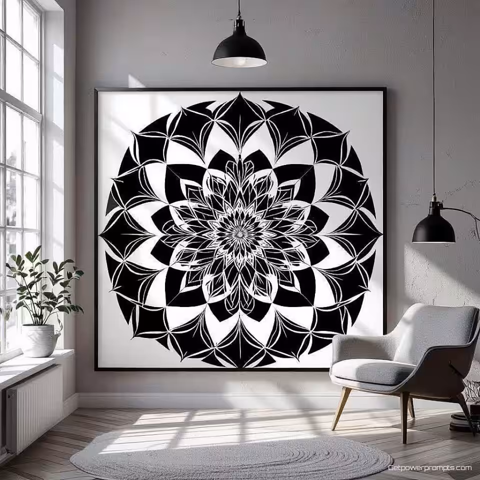 Mandala fractaal, minimalistisch geometrische kunst, zwart en wit kleurenschema, gecentreerde compositie perspectief, zacht diffuus licht verlichting, abstracte wanddecoratie, moderne geometrische patronen, strakke lijnen, galerij-kwaliteit print, hedendaagse kunst, wiskundige precisie, optische illusie-elementen, decoratieve wandkunst