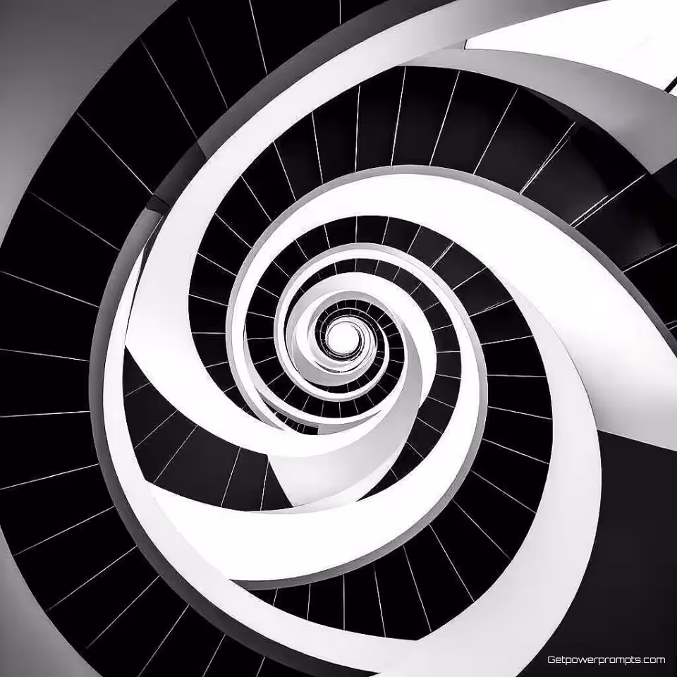 Spiraaltrap details, minimalistische architectuur stijl, zwart-wit palet kleurenschema, close-up compositie perspectief, natuurlijke daglicht belichting belichting, architectuurfotografie, geometrische vormen, structurele details, galerij-kwaliteit print, moderne wanddecoratie, minimalistische esthetiek, strakke lijnen, abstracte architectuur, interieurontwerp element
