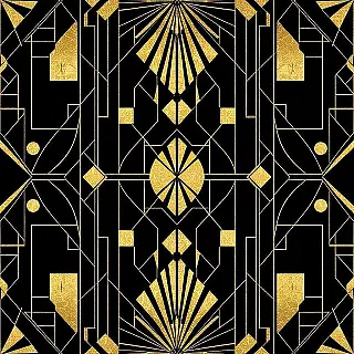 Geometrisch patroon, art deco illustratiestijl, goud en zwart kleurenschema, symmetrisch perspectief, dramatisch verlichting, geometrische patronen, metalen accenten, symmetrisch ontwerp, galerijkwaliteit print, luxe wanddecoratie, vintage glamour esthetiek, decoratieve motieven, elegante lijnen, architectonische elementen, verfijnde kunststijl