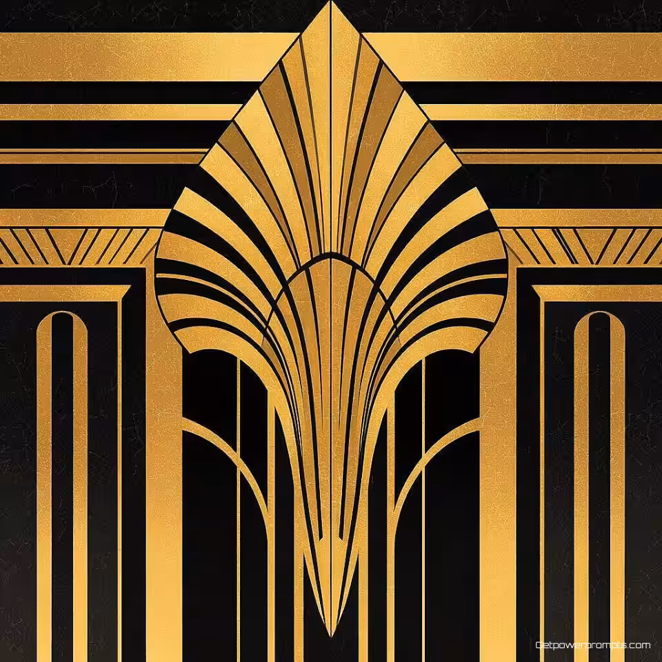 Architectonisch element, art deco illustratiestijl, goud en zwart kleurenschema, symmetrisch perspectief, dramatisch verlichting, geometrische patronen, metalen accenten, symmetrisch ontwerp, galerijkwaliteit print, luxe wanddecoratie, vintage glamour esthetiek, decoratieve motieven, elegante lijnen, architectonische elementen, verfijnde kunststijl