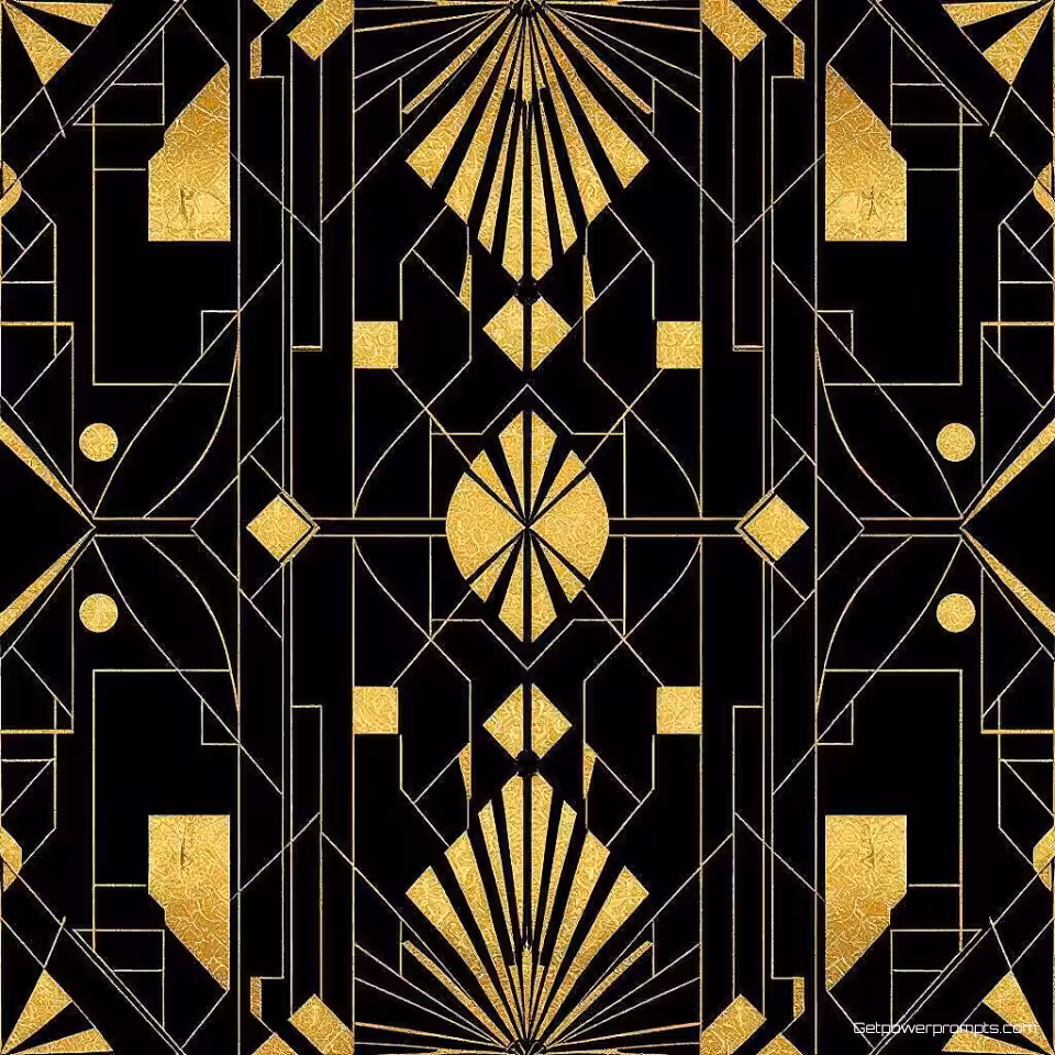 Geometrisch patroon, art deco illustratiestijl, goud en zwart kleurenschema, symmetrisch perspectief, dramatisch verlichting, geometrische patronen, metalen accenten, symmetrisch ontwerp, galerijkwaliteit print, luxe wanddecoratie, vintage glamour esthetiek, decoratieve motieven, elegante lijnen, architectonische elementen, verfijnde kunststijl
