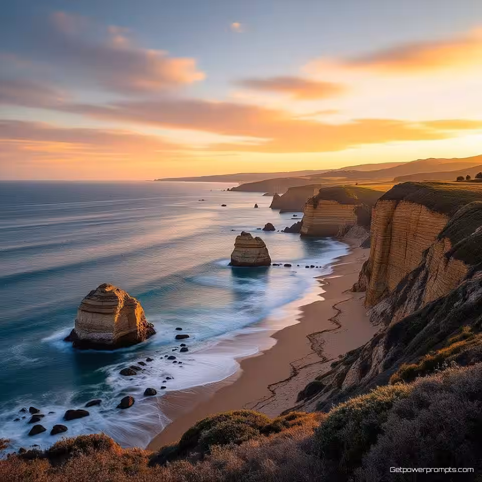 Oceaan kustlijn met kliffen, fotorealistisch, warme aardetinten kleurenschema, breed perspectief perspectief, gouden uur belichting belichting, fijne kunst landschapsfotografie, galeriekwaliteit afdruk, museum esthetiek, dramatisch natuurlijk landschap, wanddecoratie meesterwerk, artistieke landschapscompositie