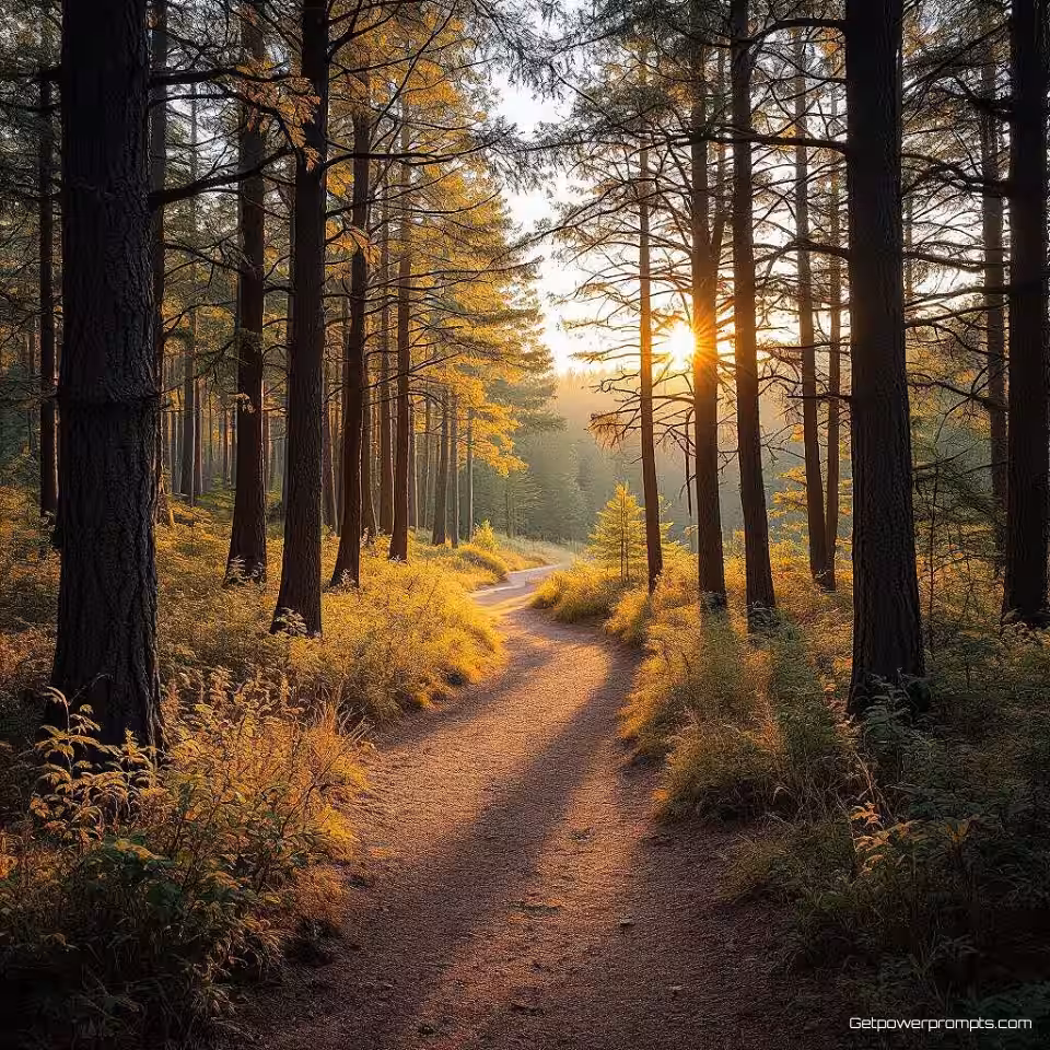 Bosweg door bomen, fotorealistisch, warme aardetinten kleurenschema, breed perspectief perspectief, gouden uur belichting belichting, fijne kunst landschapsfotografie, galeriekwaliteit afdruk, museum esthetiek, dramatisch natuurlijk landschap, wanddecoratie meesterwerk, artistieke landschapscompositie