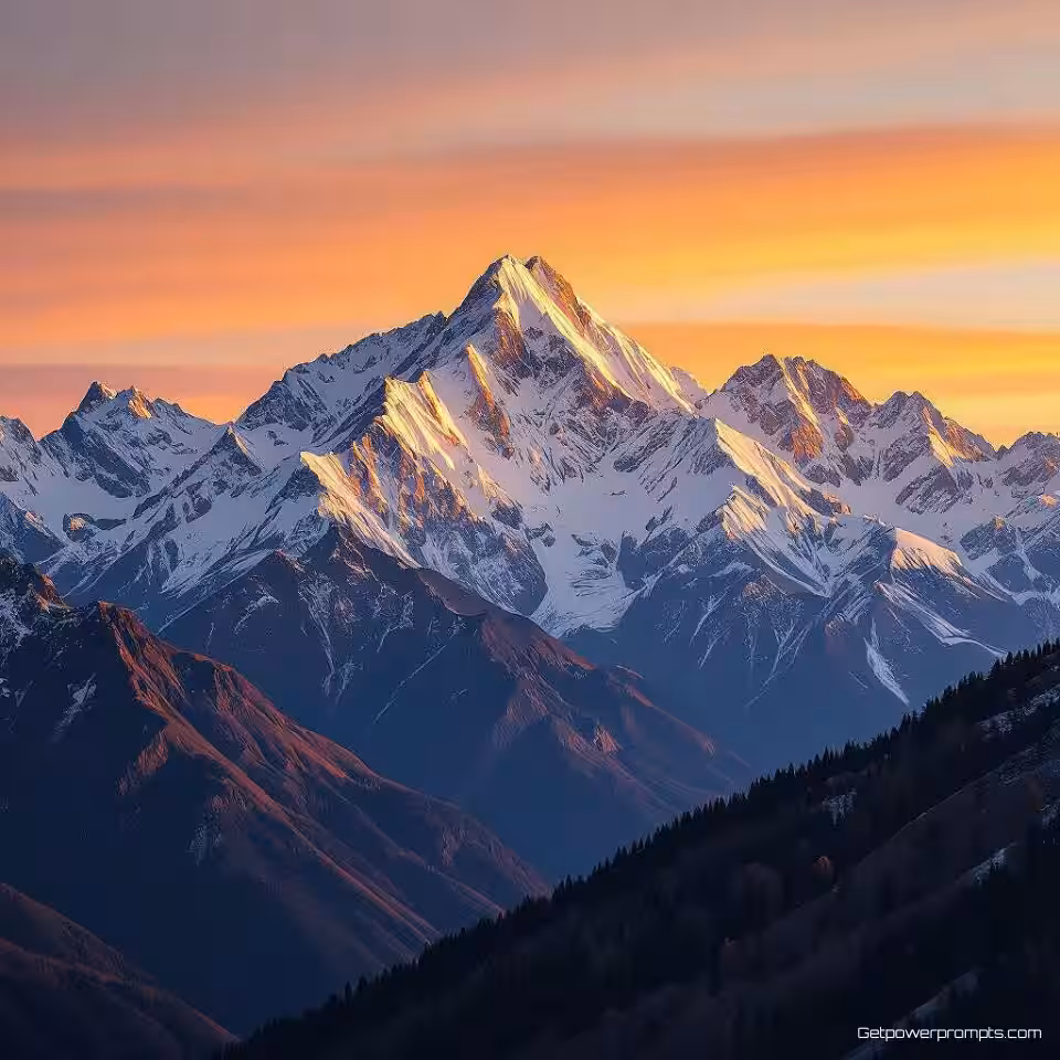 Met sneeuw bedekte bergketen, fotorealistisch, warme aardetinten kleurenschema, breed perspectief perspectief, gouden uur belichting belichting, fijne kunst landschapsfotografie, galeriekwaliteit afdruk, museum esthetiek, dramatisch natuurlijk landschap, wanddecoratie meesterwerk, artistieke landschapscompositie