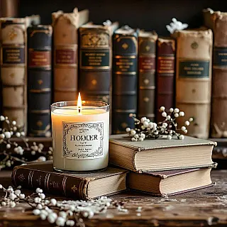 Vintage boeken en kaars, fijne kunst stilleven fotografie, klassiek stijl, gecentreerd perspectief, zacht natuurlijk licht belichting, aards tonen kleurenschema, galerij-kwaliteit print, museum esthetiek, tijdloze compositie, artistieke opstelling, decoratieve wandkunst, professionele fotografie, artistieke expressie