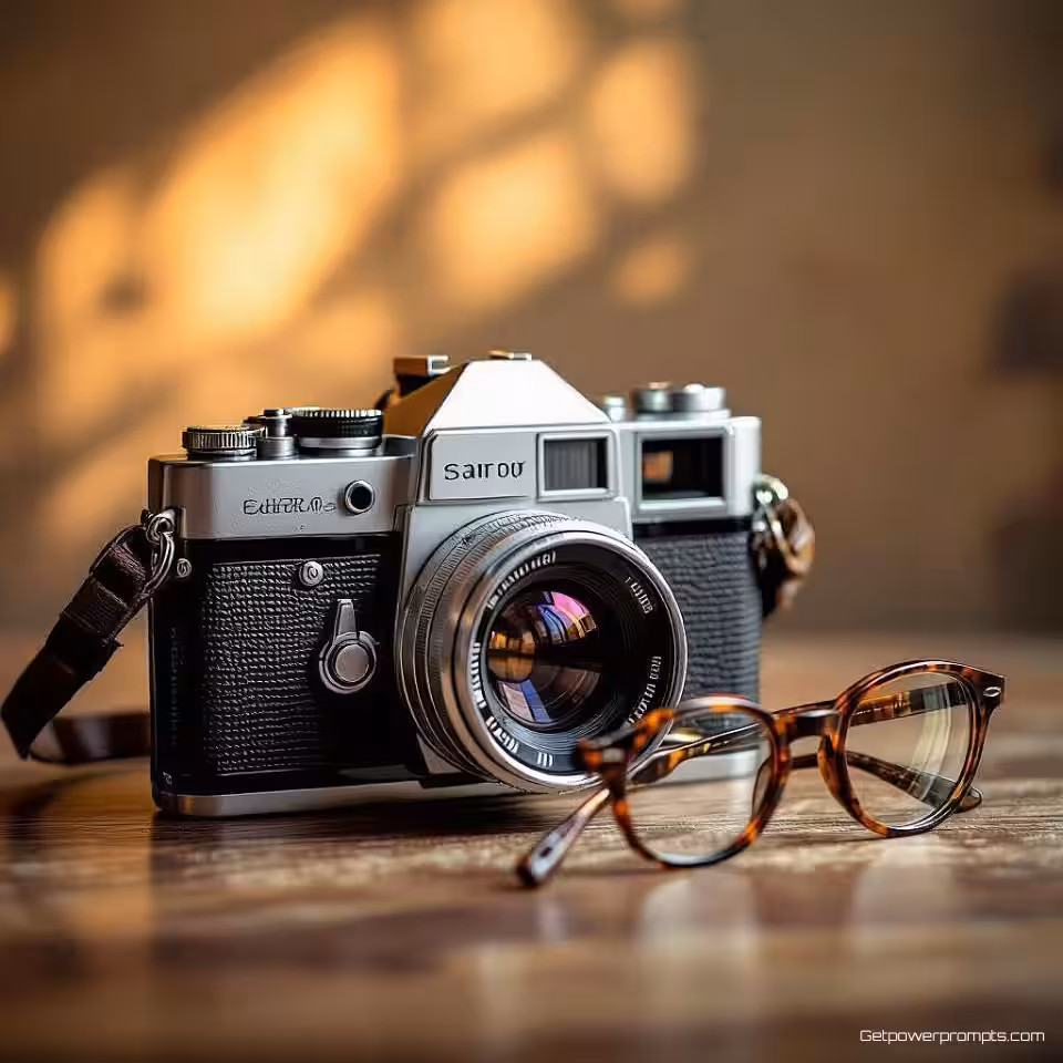 Oude camera en bril, fijne kunst stilleven fotografie, klassiek stijl, gecentreerd perspectief, zacht natuurlijk licht belichting, aards tonen kleurenschema, galerij-kwaliteit print, museum esthetiek, tijdloze compositie, artistieke opstelling, decoratieve wandkunst, professionele fotografie, artistieke expressie