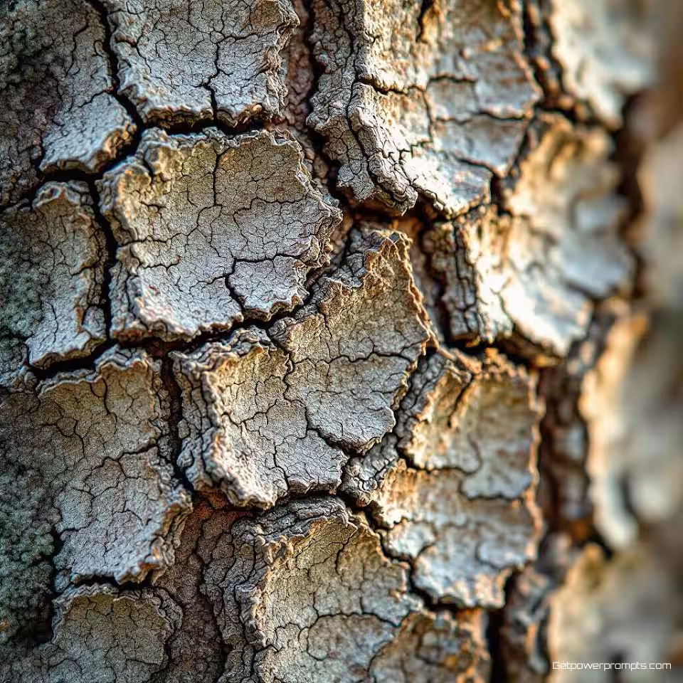 Boomschors textuur, macrofotografie, zachte natuurlijke belichting belichting, extreme close-up perspectief, aards kleurenschema kleurenschema, extreme close-up details, ondiepe scherptediepte, fine art printkwaliteit, galerij wanddecoratie, natuurlijke texturen, ingewikkelde patronen, artistieke vergroting, museumkwaliteit reproductie