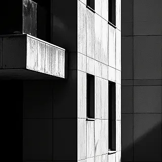 Moderne architectuur gevel, zwart-wit fotografie, close-up perspectief, dramatische belichting belichting, serieus sfeer, minimalistische esthetiek, hoog contrast, galerij kwaliteit afdruk, fijne kunst wanddecoratie, monochrome tonen, dramatische schaduwen, tijdloze kwaliteit, artistieke expressie
