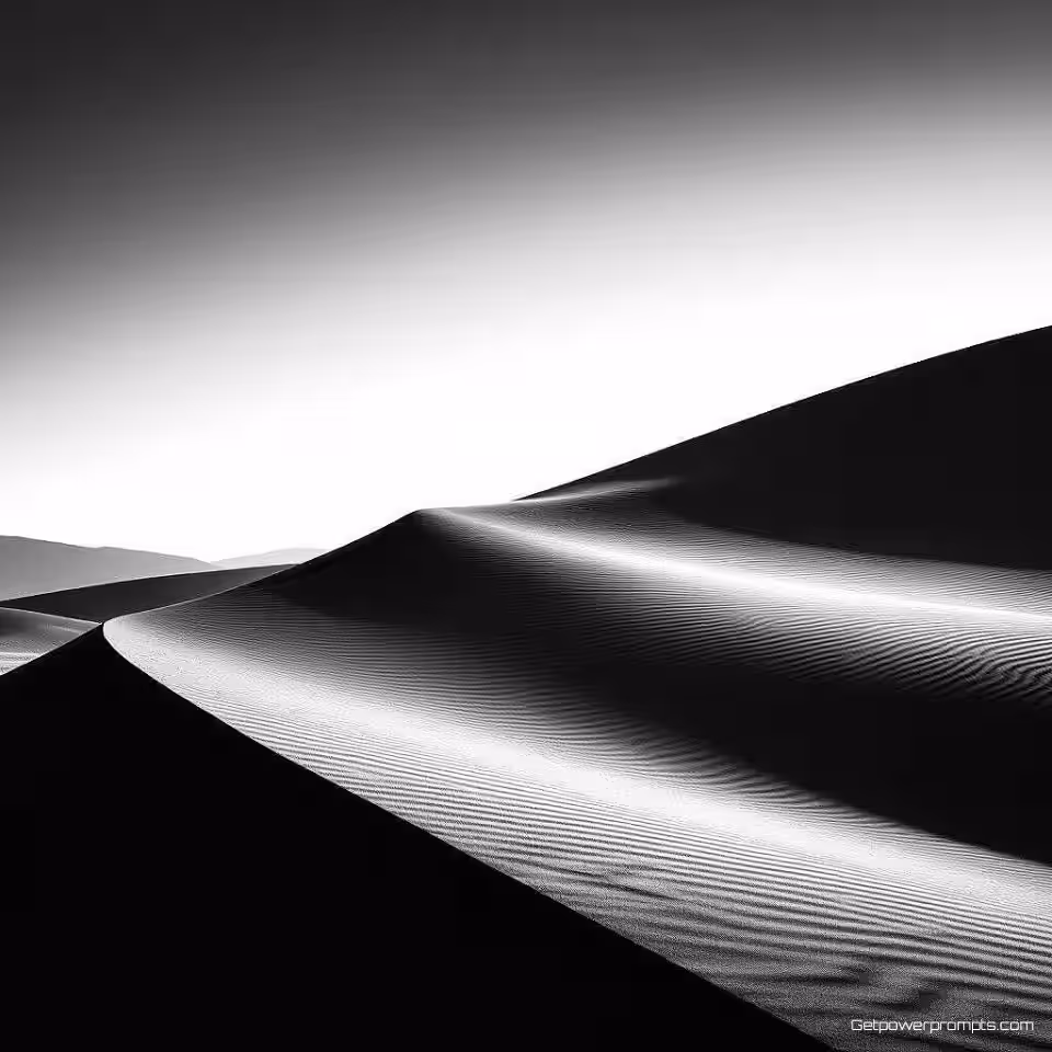 Minimalistisch landschap, zwart-wit fotografie, close-up perspectief, dramatische belichting belichting, serieus sfeer, minimalistische esthetiek, hoog contrast, galerij kwaliteit afdruk, fijne kunst wanddecoratie, monochrome tonen, dramatische schaduwen, tijdloze kwaliteit, artistieke expressie