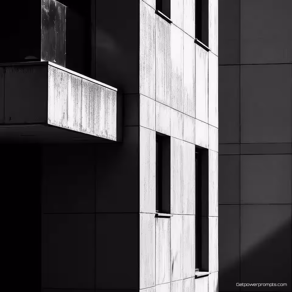 Moderne architectuur gevel, zwart-wit fotografie, close-up perspectief, dramatische belichting belichting, serieus sfeer, minimalistische esthetiek, hoog contrast, galerij kwaliteit afdruk, fijne kunst wanddecoratie, monochrome tonen, dramatische schaduwen, tijdloze kwaliteit, artistieke expressie