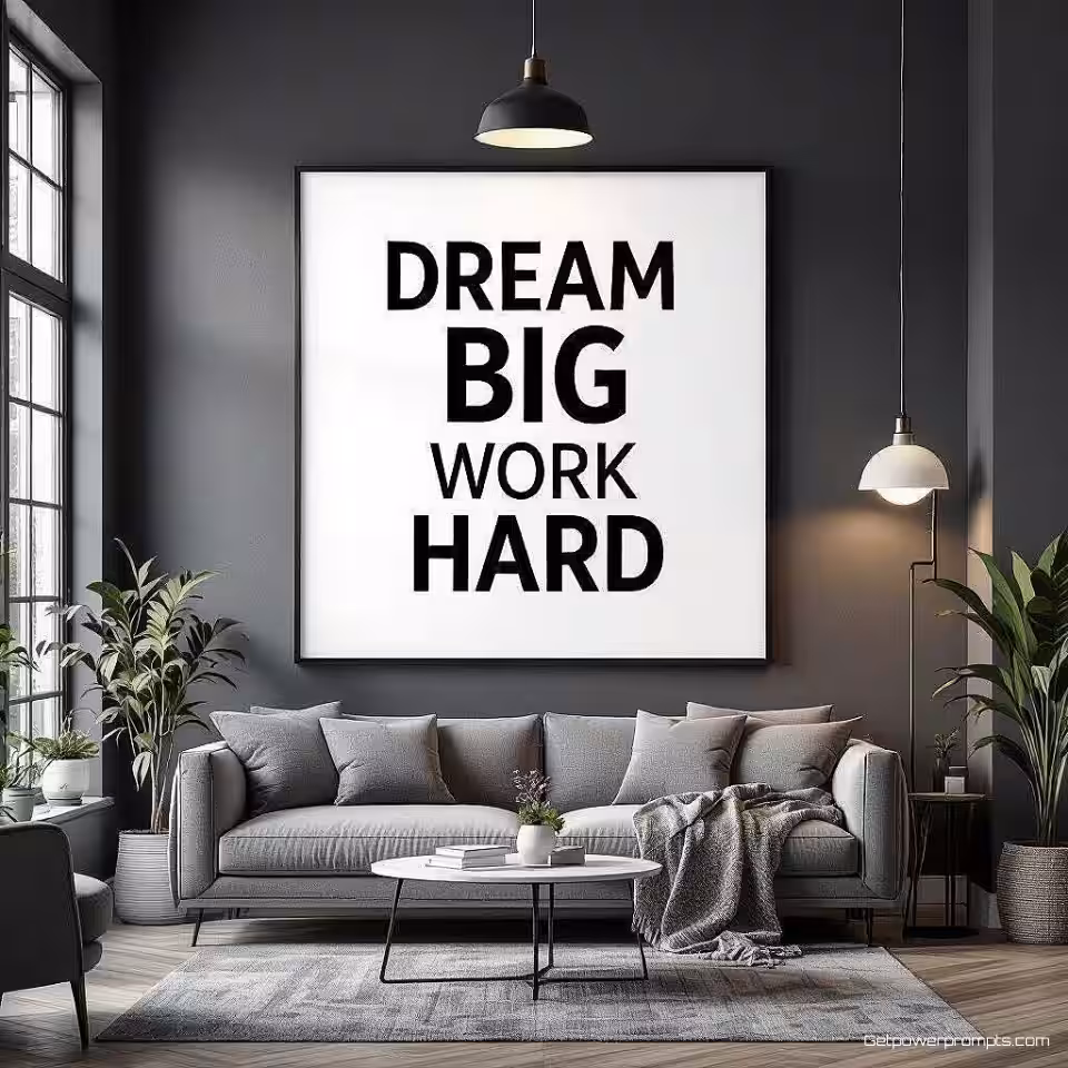 Droom Groot Werk Hard, minimalistische typografie kunst, zwart en wit kleurenschema, gecentreerde compositie perspectief, zacht omgevingslicht verlichting, schone lettervormgeving, negatieve ruimte, galerijwaardige afdruk, moderne wanddecoratie, Scandinavische esthetiek, inspirerend citaat, decoratieve tekstkunst, hedendaags typografie ontwerp