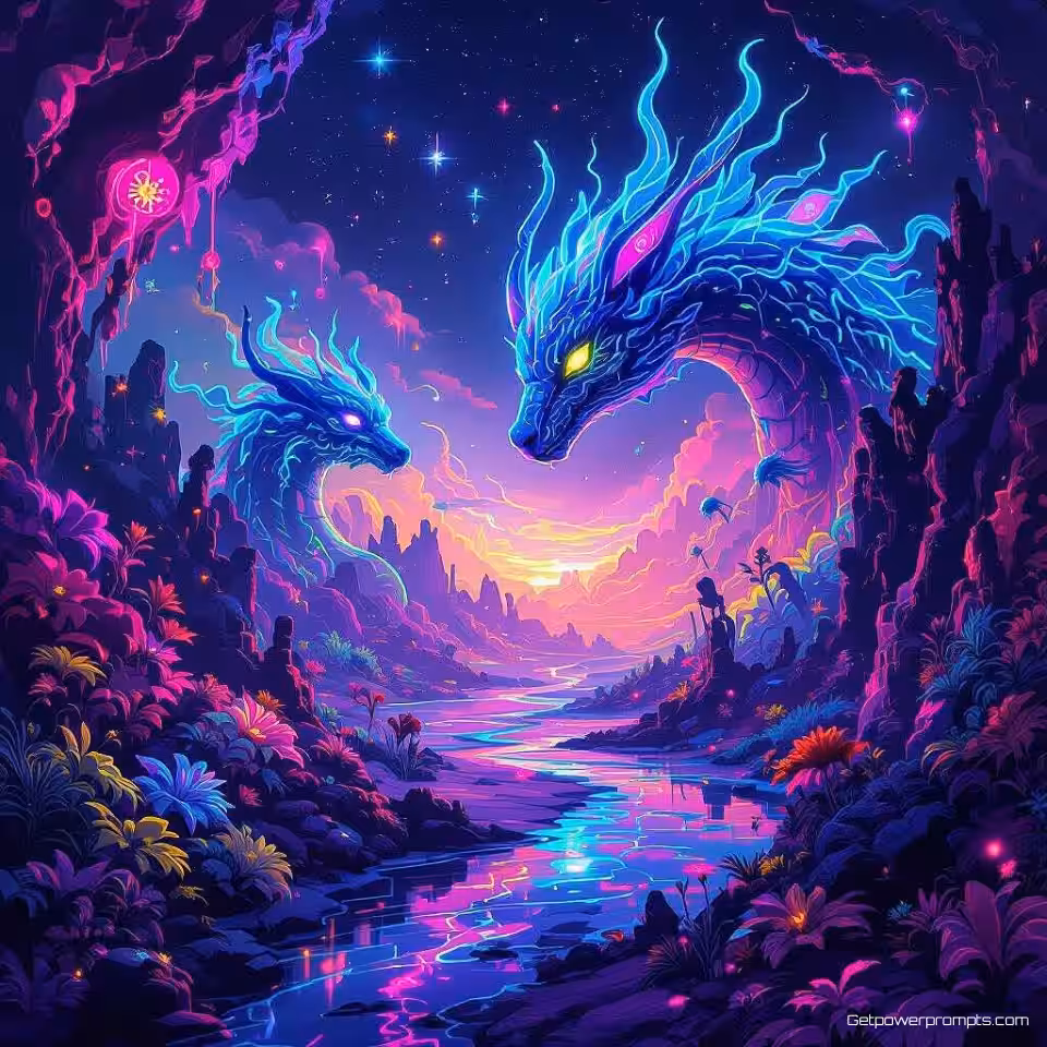 Droomwezens, surreële digitale kunst, levendig neon kleurenschema, groothoek perspectief, dramatische verlichting verlichting, droomachtige sfeer, fantasierijke elementen, galeriekwaliteit print, hedendaagse wanddecoratie, digitale schilderstijl, etherische kwaliteit, artistieke expressie