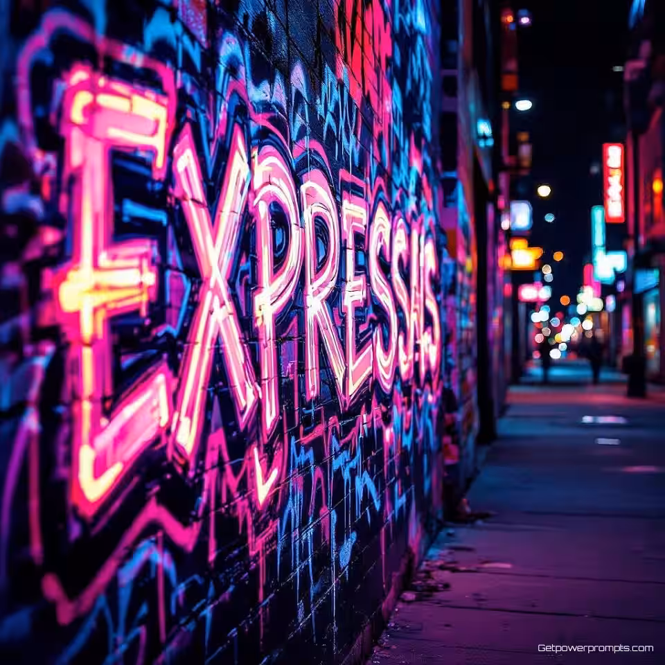 Expressieve tekstkunst, stedelijke straatkunst stijl, levendige neonkleuren kleurenschema, close-up perspectief perspectief, stedelijke nachtverlichting verlichting, graffiti esthetiek, spuitverf textuur, stedelijke muurkunst, straatcultuur, galerij kwaliteit print, hedendaagse stedelijke decoratie, expressieve typografie, sjabloon kunst elementen