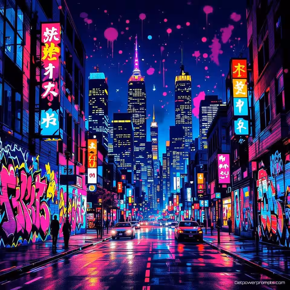 Stedelijke skyline, stedelijke straatkunst stijl, levendige neonkleuren kleurenschema, close-up perspectief perspectief, stedelijke nachtverlichting verlichting, graffiti esthetiek, spuitverf textuur, stedelijke muurkunst, straatcultuur, galerij kwaliteit print, hedendaagse stedelijke decoratie, expressieve typografie, sjabloon kunst elementen