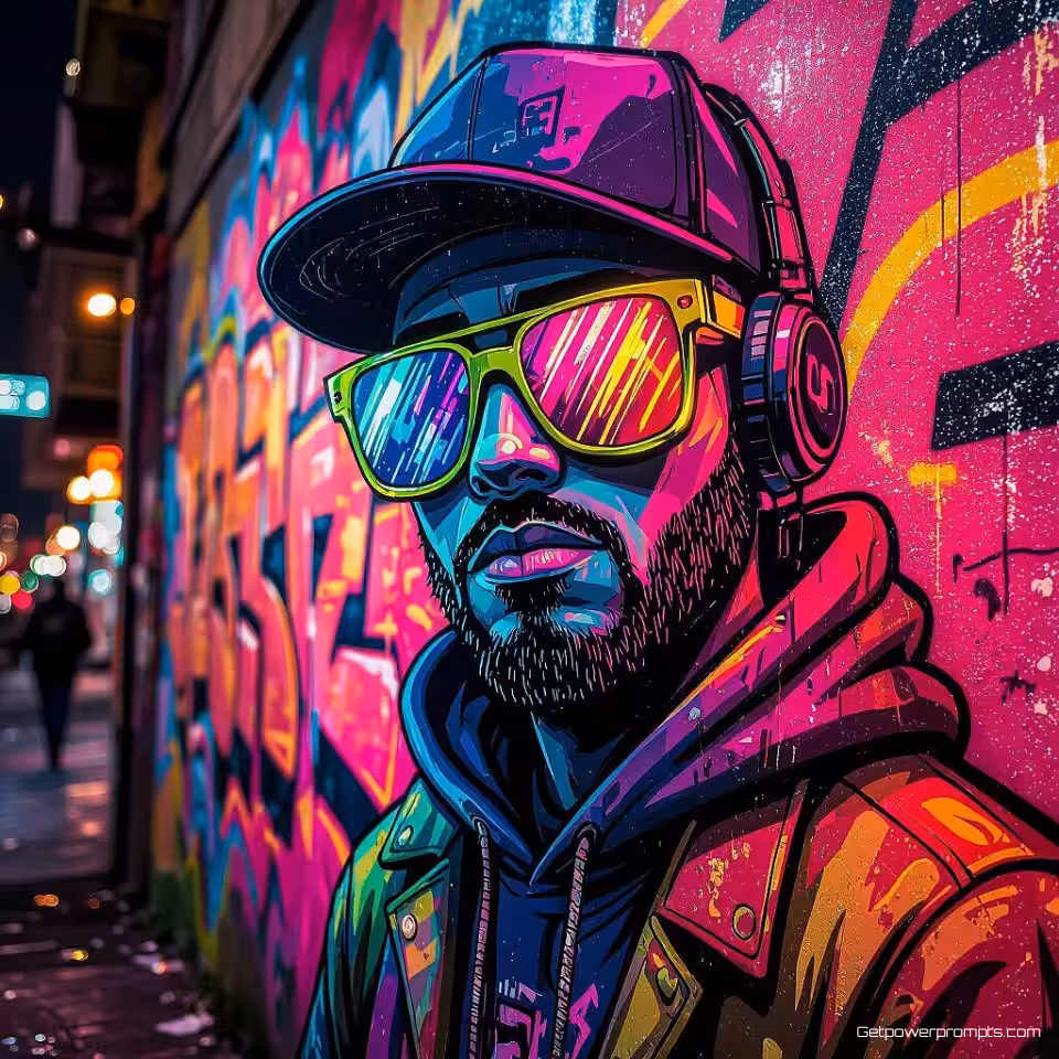 Straatkunst karakter, stedelijke straatkunst stijl, levendige neonkleuren kleurenschema, close-up perspectief perspectief, stedelijke nachtverlichting verlichting, graffiti esthetiek, spuitverf textuur, stedelijke muurkunst, straatcultuur, galerij kwaliteit print, hedendaagse stedelijke decoratie, expressieve typografie, sjabloon kunst elementen