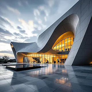 Hedendaags museum, architectonische kunstfotografie, dramatisch stijl, laaghoek perspectief perspectief, gouden uur licht belichting, monochroom palet kleurenschema, epische sfeer sfeer, galeriekwaliteit print, museumtentoonstelling esthetiek, geometrische compositie, professionele kunstfotografie, archiefkwaliteit print, dramatische architectonische details