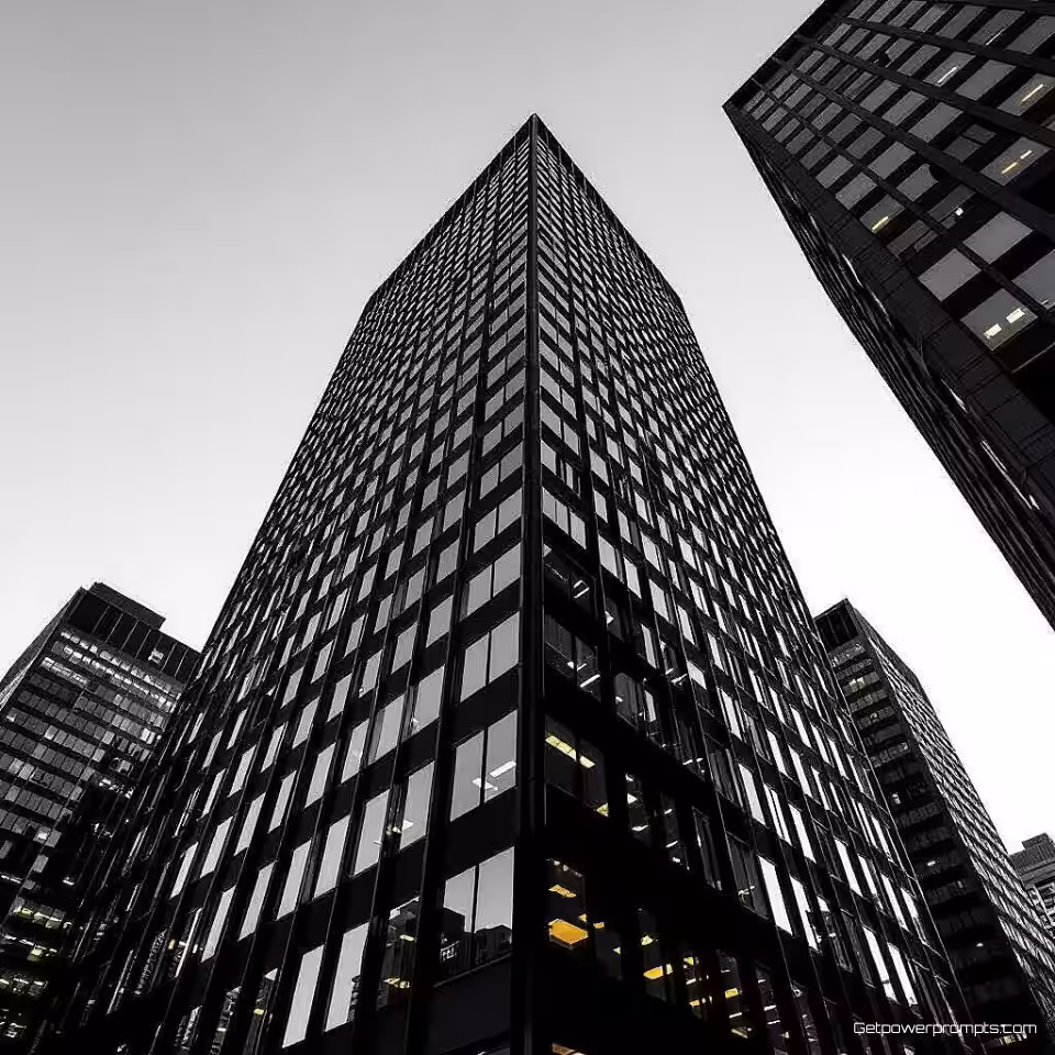 Stedelijke wolkenkrabber, architectonische kunstfotografie, minimalistisch stijl, laaghoek perspectief perspectief, gouden uur licht belichting, monochroom palet kleurenschema, epische sfeer sfeer, galeriekwaliteit print, museumtentoonstelling esthetiek, geometrische compositie, professionele kunstfotografie, archiefkwaliteit print, dramatische architectonische details