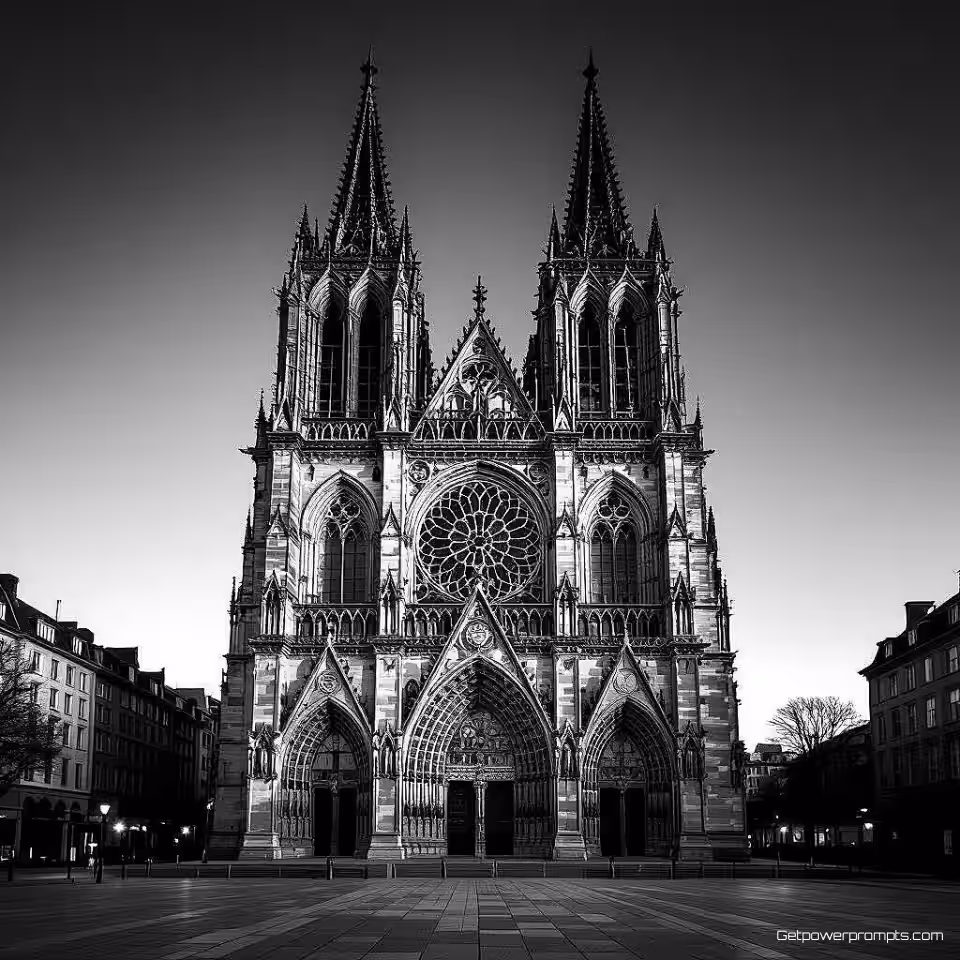 Gotische kathedraal, architectonische kunstfotografie, minimalistisch stijl, laaghoek perspectief perspectief, gouden uur licht belichting, monochroom palet kleurenschema, epische sfeer sfeer, galeriekwaliteit print, museumtentoonstelling esthetiek, geometrische compositie, professionele kunstfotografie, archiefkwaliteit print, dramatische architectonische details