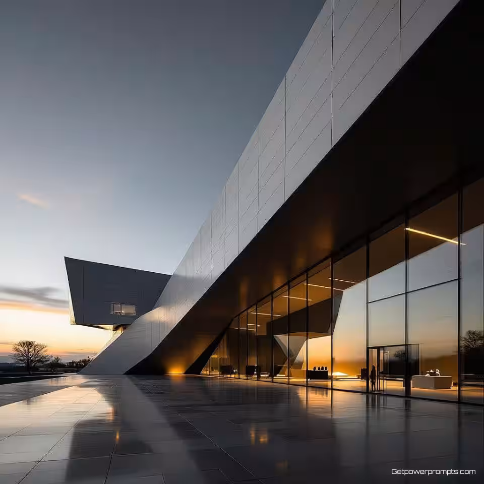 Hedendaags museum, architectonische kunstfotografie, minimalistisch stijl, laaghoek perspectief perspectief, gouden uur licht belichting, monochroom palet kleurenschema, epische sfeer sfeer, galeriekwaliteit print, museumtentoonstelling esthetiek, geometrische compositie, professionele kunstfotografie, archiefkwaliteit print, dramatische architectonische details